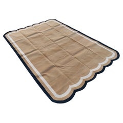 Handmade Cotton Area Flat Weave Rug, 6x9 Brown And Black Scallop Indian Dhurrie