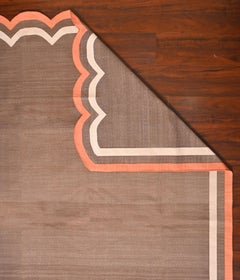 Handmade Cotton Area Flat Weave Rug, 6x9 Brown And Coral Scalloped Kilim Dhurrie