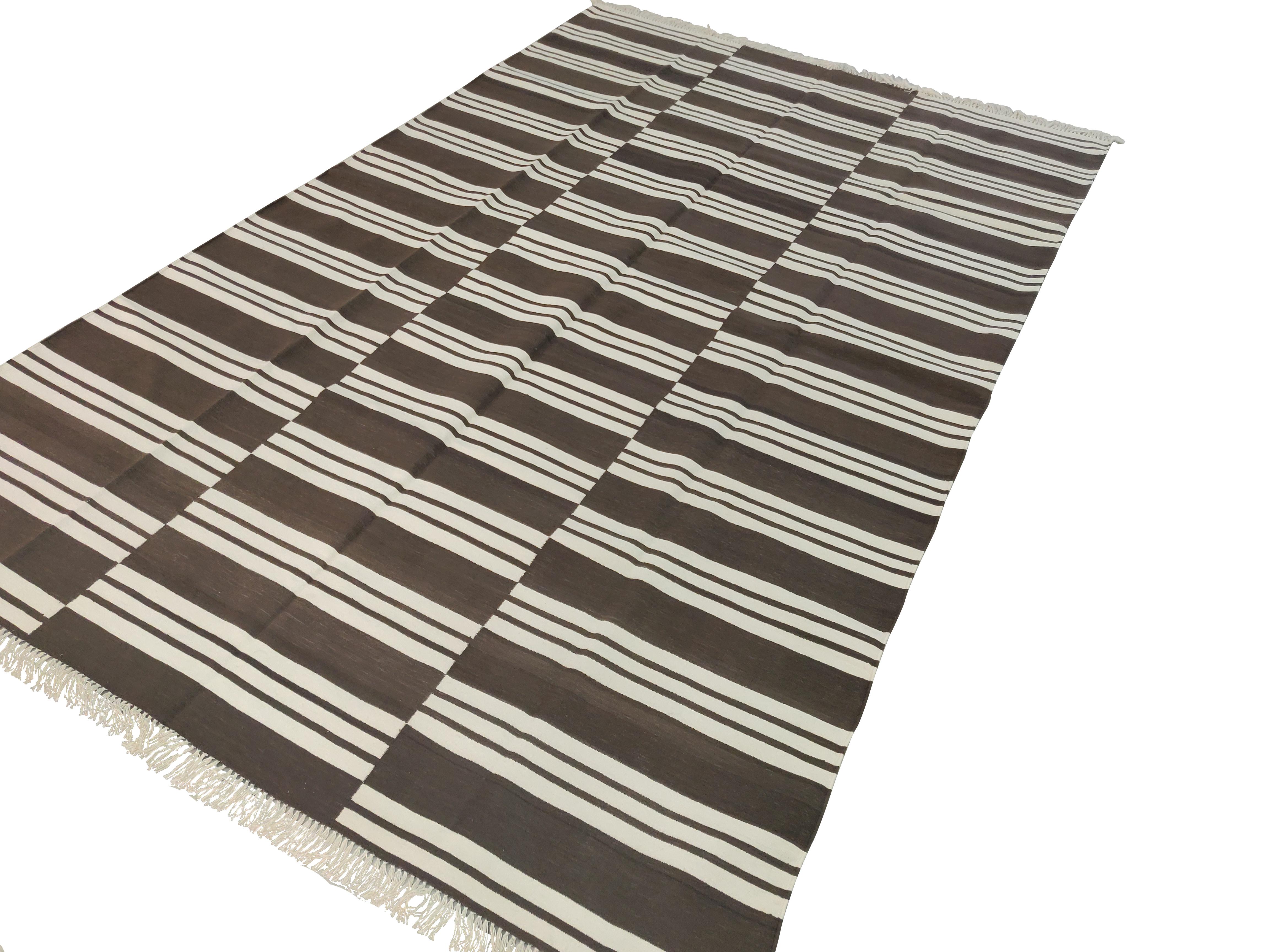 Cotton Natural Vegetable Dyed, Brown And White Striped Indian Rug - 6'x9'
These special flat-weave dhurries are hand-woven with 15 ply 100% cotton yarn. Due to the special manufacturing techniques used to create our rugs, the size and color of each