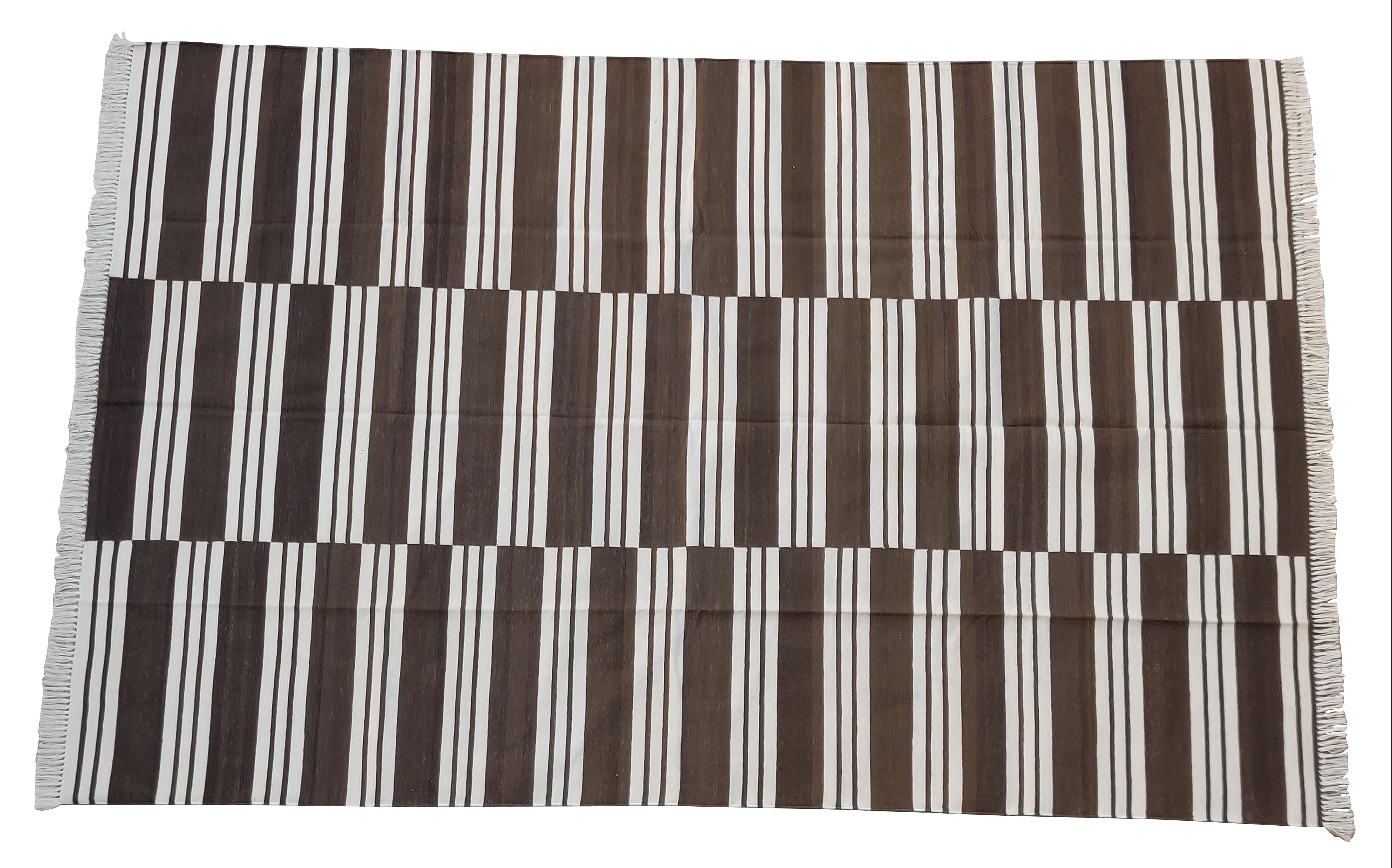 Handmade Cotton Area Flat Weave Rug, 6x9 Brown And White Striped Indian Dhurrie For Sale 1