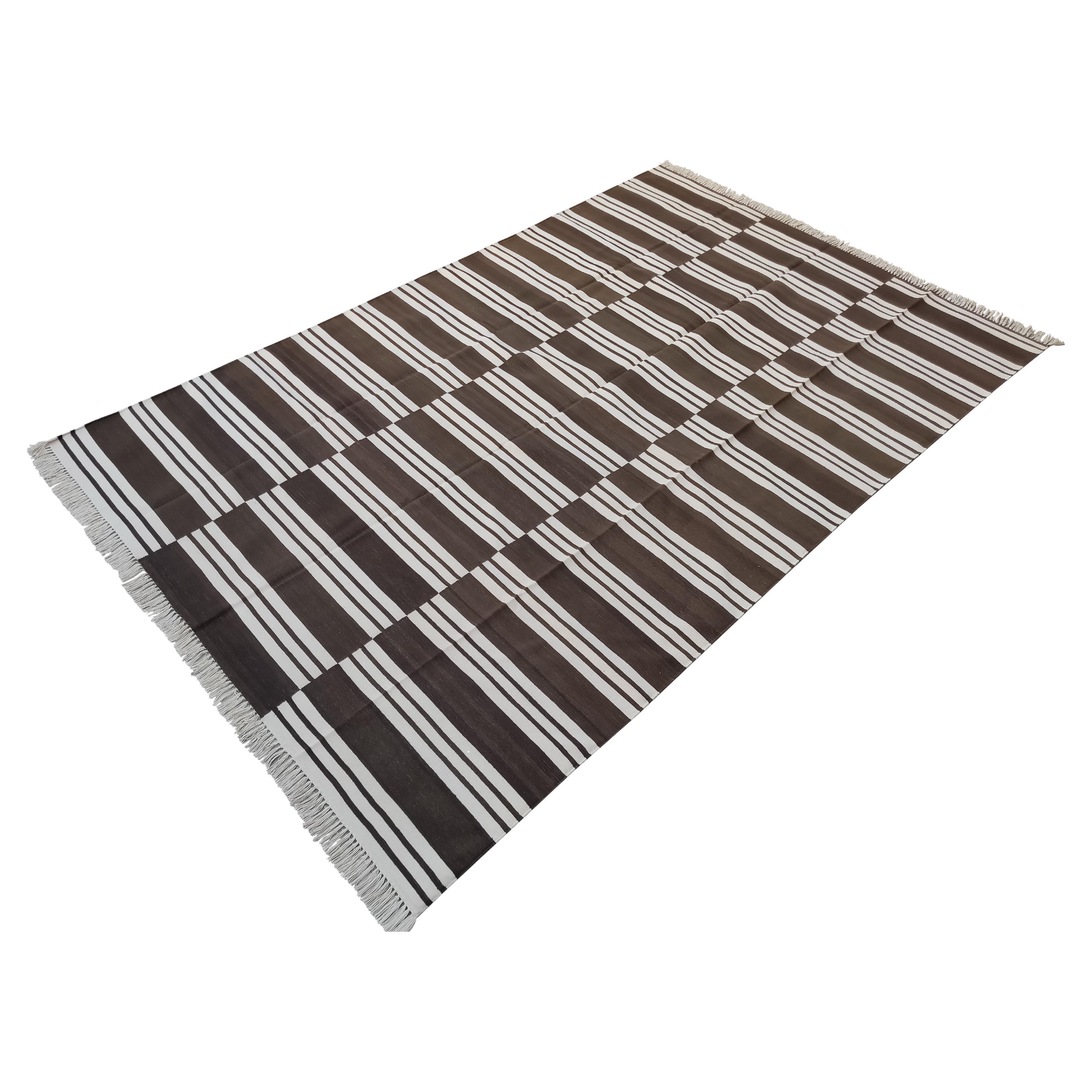 Handmade Cotton Area Flat Weave Rug, 6x9 Brown And White Striped Indian Dhurrie For Sale