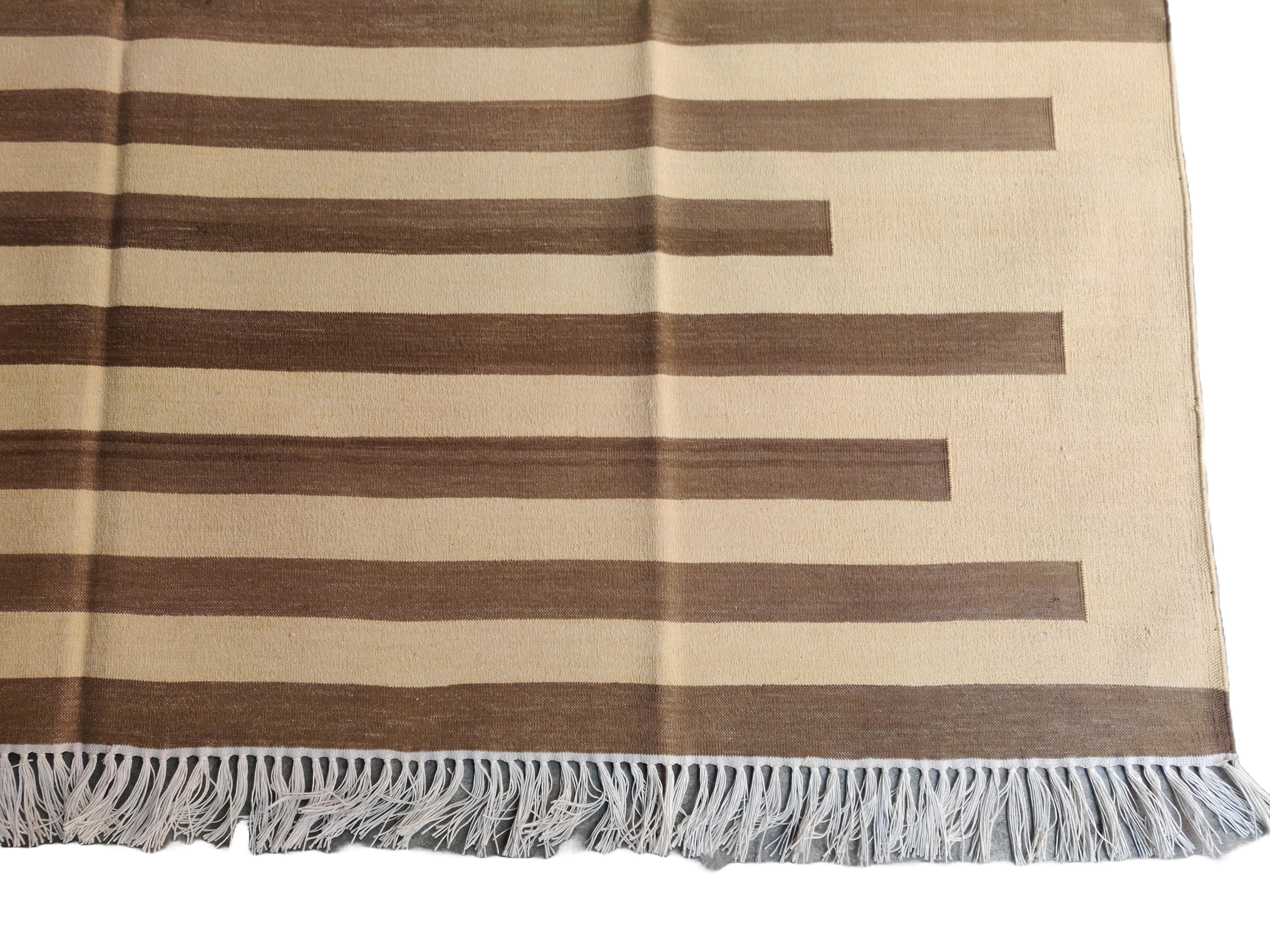 Handmade Cotton Area Flat Weave Rug, 6x9 Brown And Yellow Striped Indian Dhurrie In New Condition For Sale In Jaipur, IN