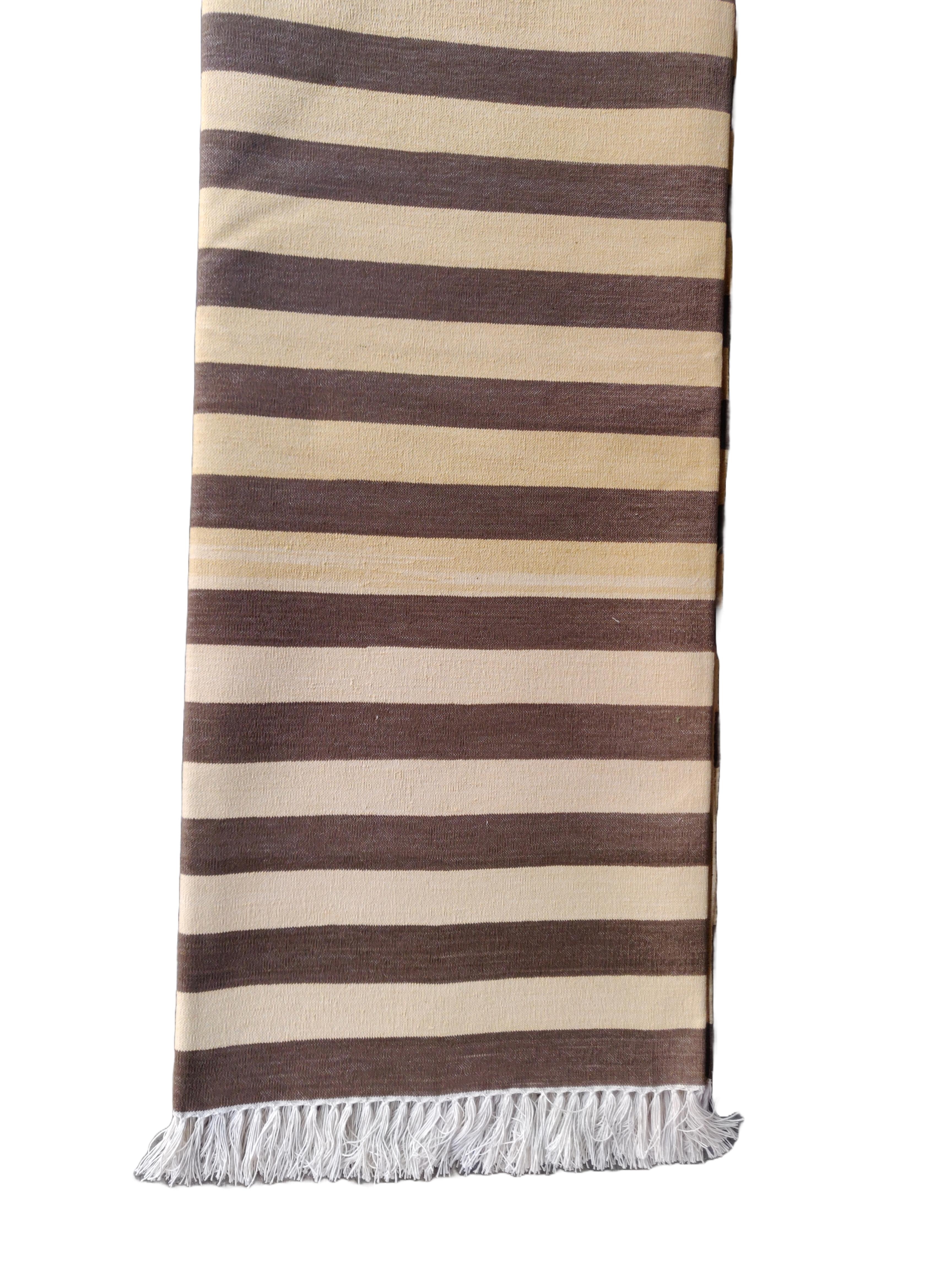 Handmade Cotton Area Flat Weave Rug, 6x9 Brown And Yellow Striped Indian Dhurrie For Sale 2