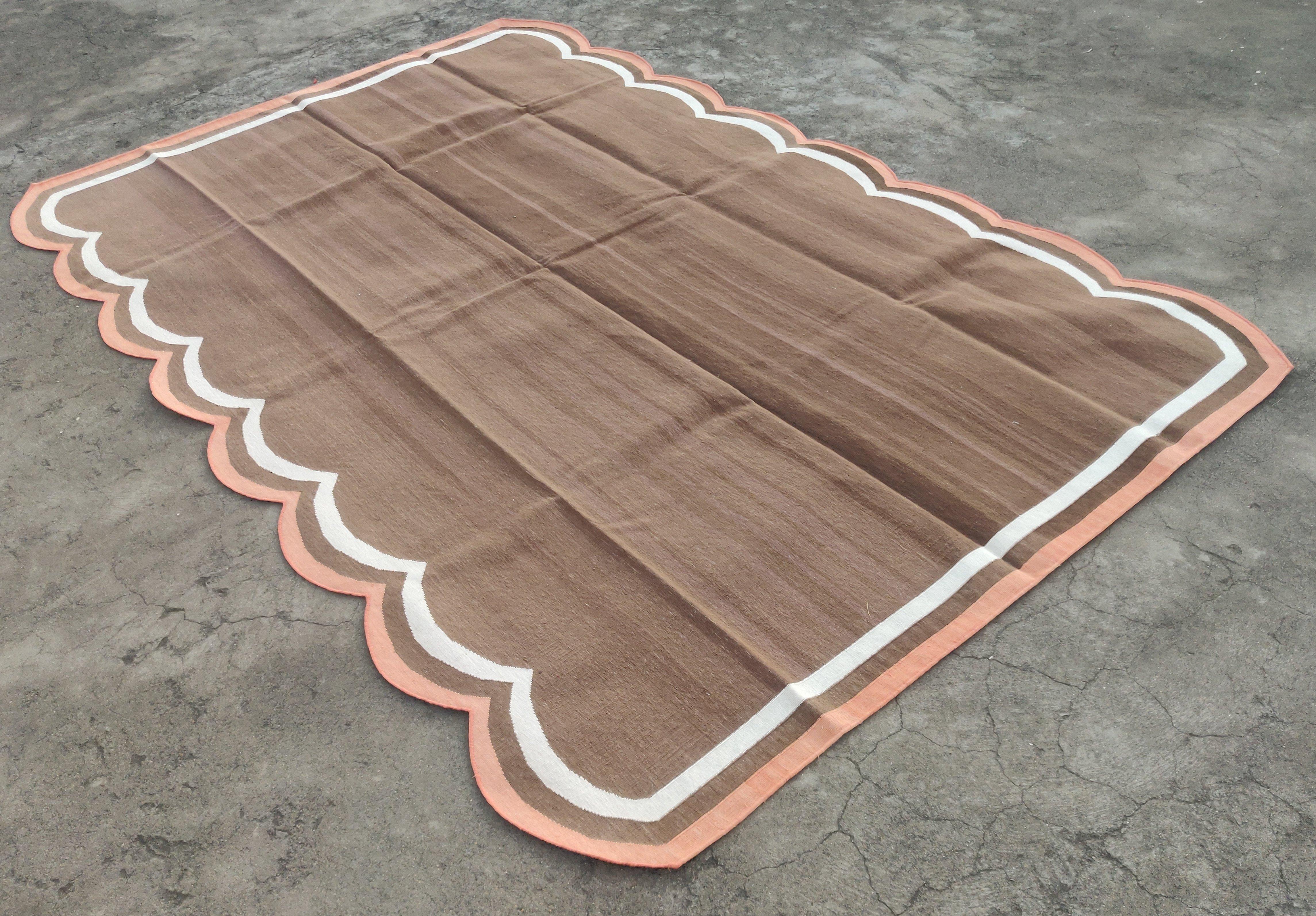 Cotton Vegetable Dyed Coffee Brown And Coral Scalloped Striped Indian Dhurrie Rug-6'x9' 
These special flat-weave dhurries are hand-woven with 15 ply 100% cotton yarn. Due to the special manufacturing techniques used to create our rugs, the size and