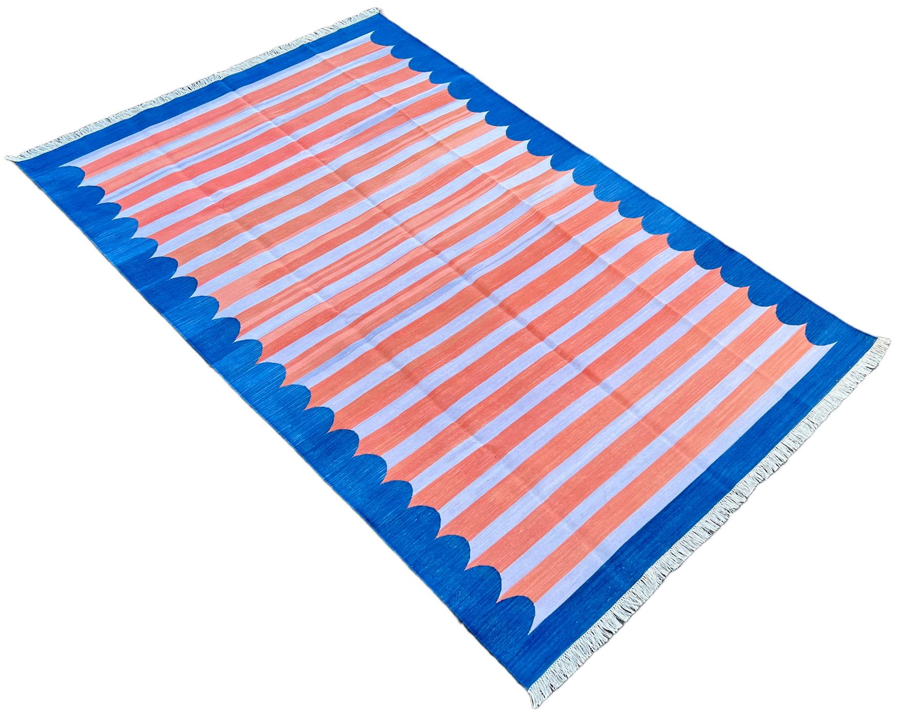 Handmade Cotton Area Flat Weave Rug, 6x9 Coral And Blue Striped Indian Dhurrie For Sale 5