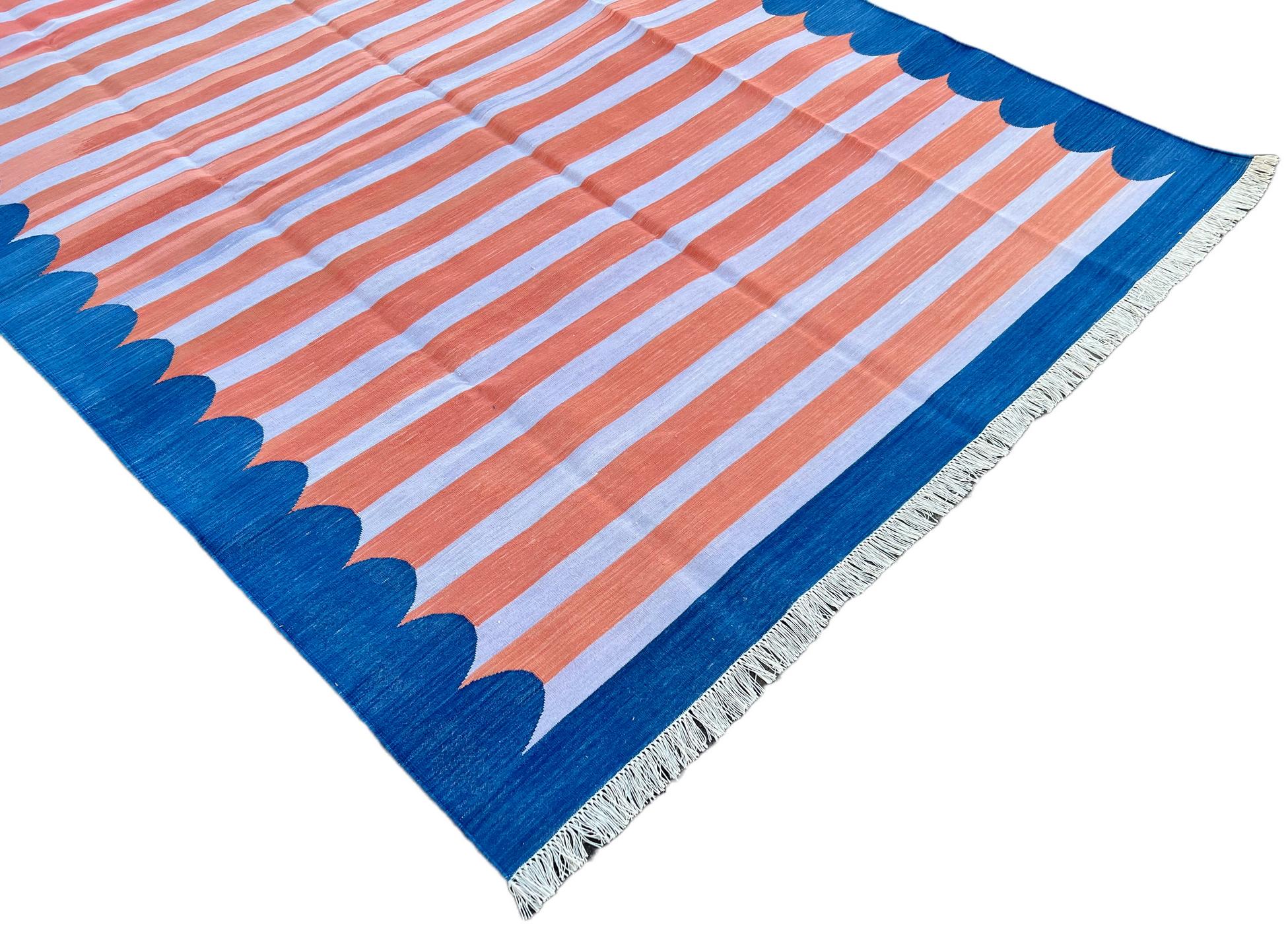 Mid-Century Modern Handmade Cotton Area Flat Weave Rug, 6x9 Coral And Blue Striped Indian Dhurrie For Sale