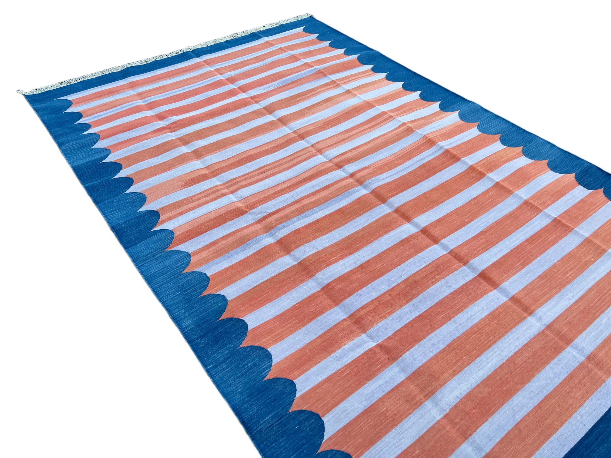 Hand-Woven Handmade Cotton Area Flat Weave Rug, 6x9 Coral And Blue Striped Indian Dhurrie For Sale