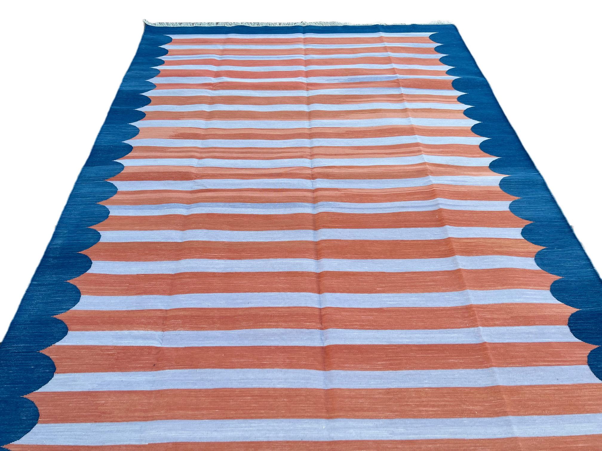 Contemporary Handmade Cotton Area Flat Weave Rug, 6x9 Coral And Blue Striped Indian Dhurrie For Sale