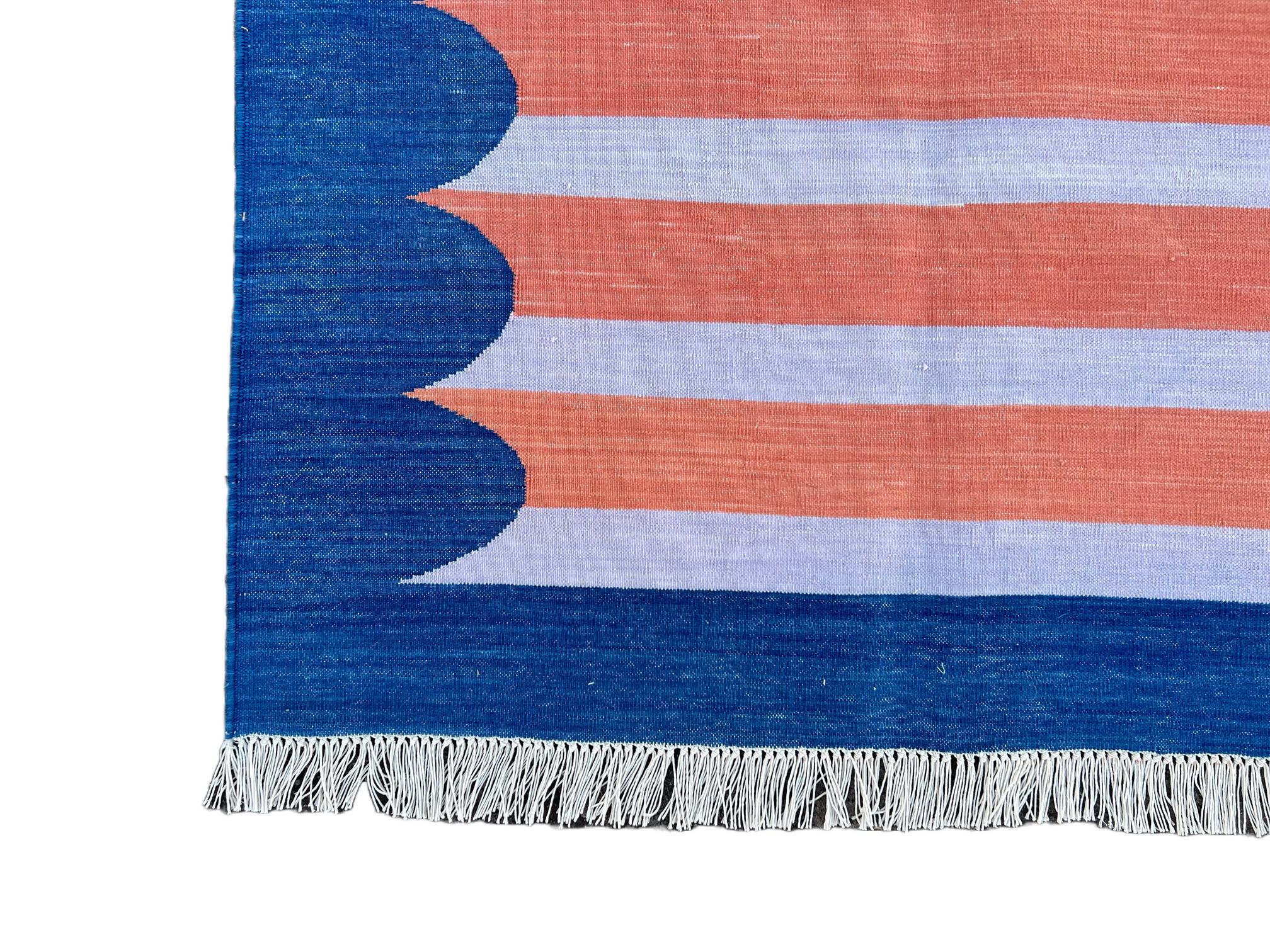 Handmade Cotton Area Flat Weave Rug, 6x9 Coral And Blue Striped Indian Dhurrie For Sale 1