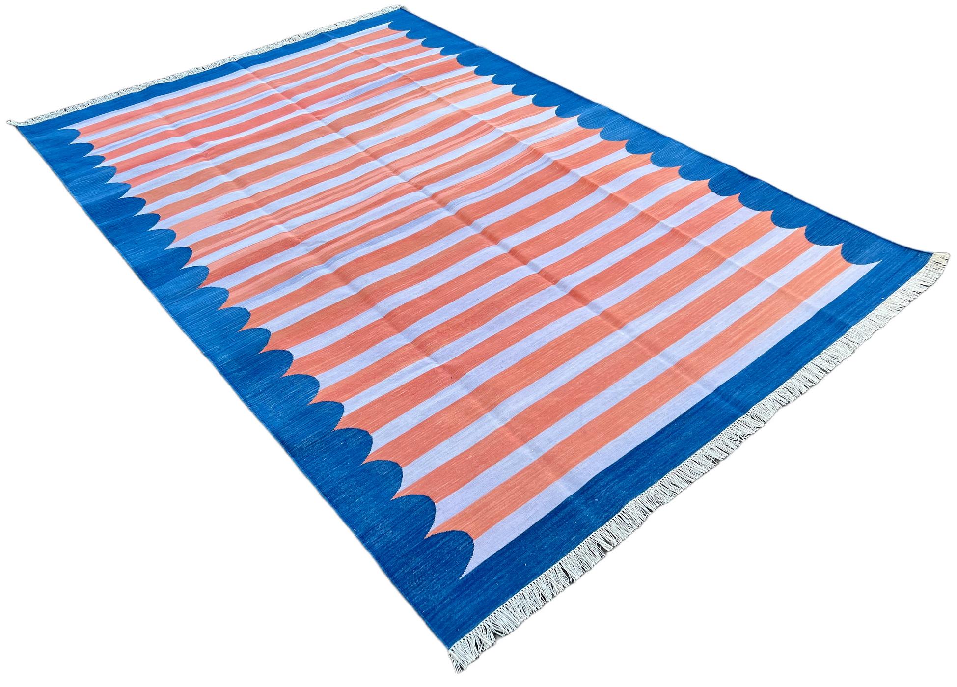 Handmade Cotton Area Flat Weave Rug, 6x9 Coral And Blue Striped Indian Dhurrie For Sale 3