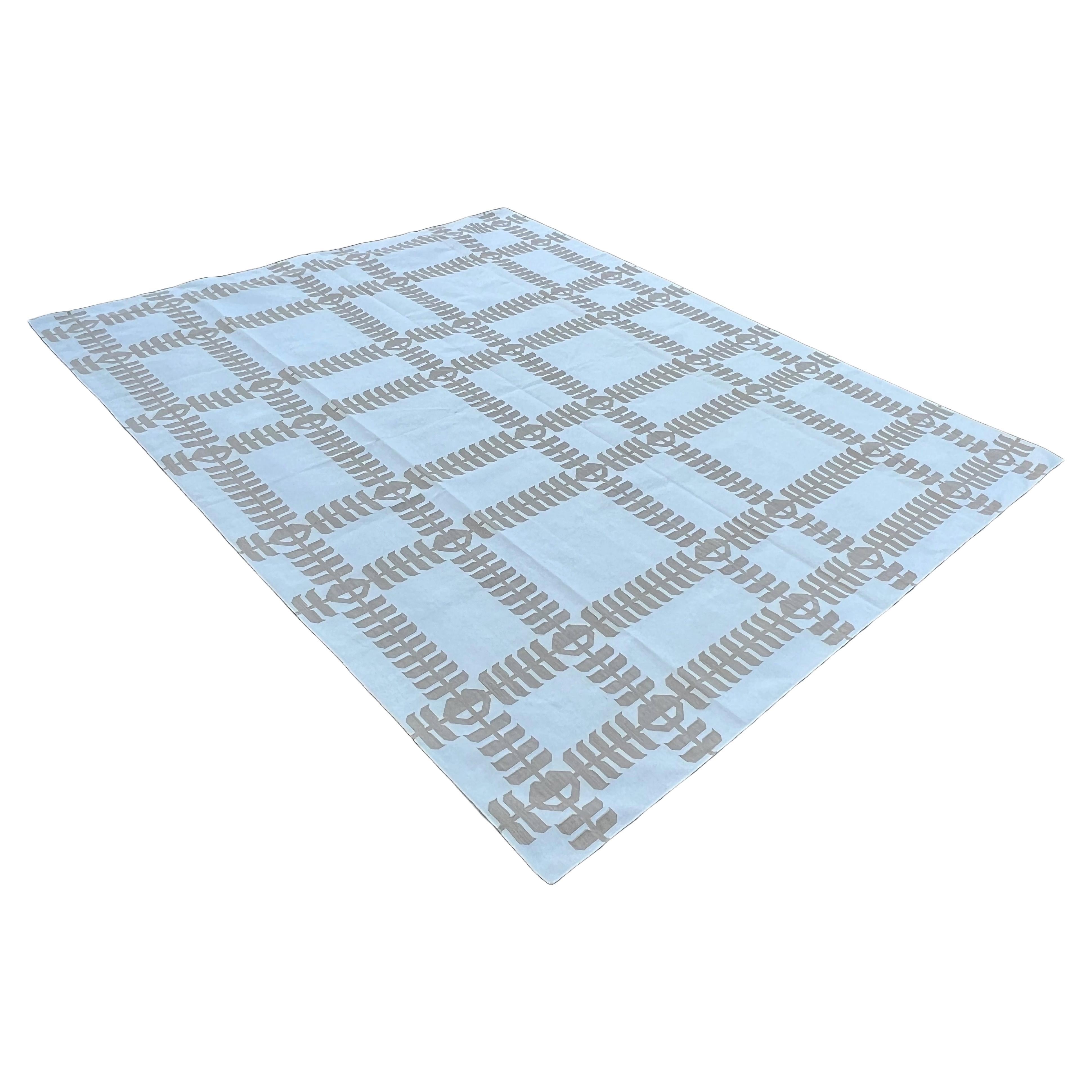 Handmade Cotton Area Flat Weave Rug, 6x9 Cream And Beige Leaf Indian Dhurrie Rug