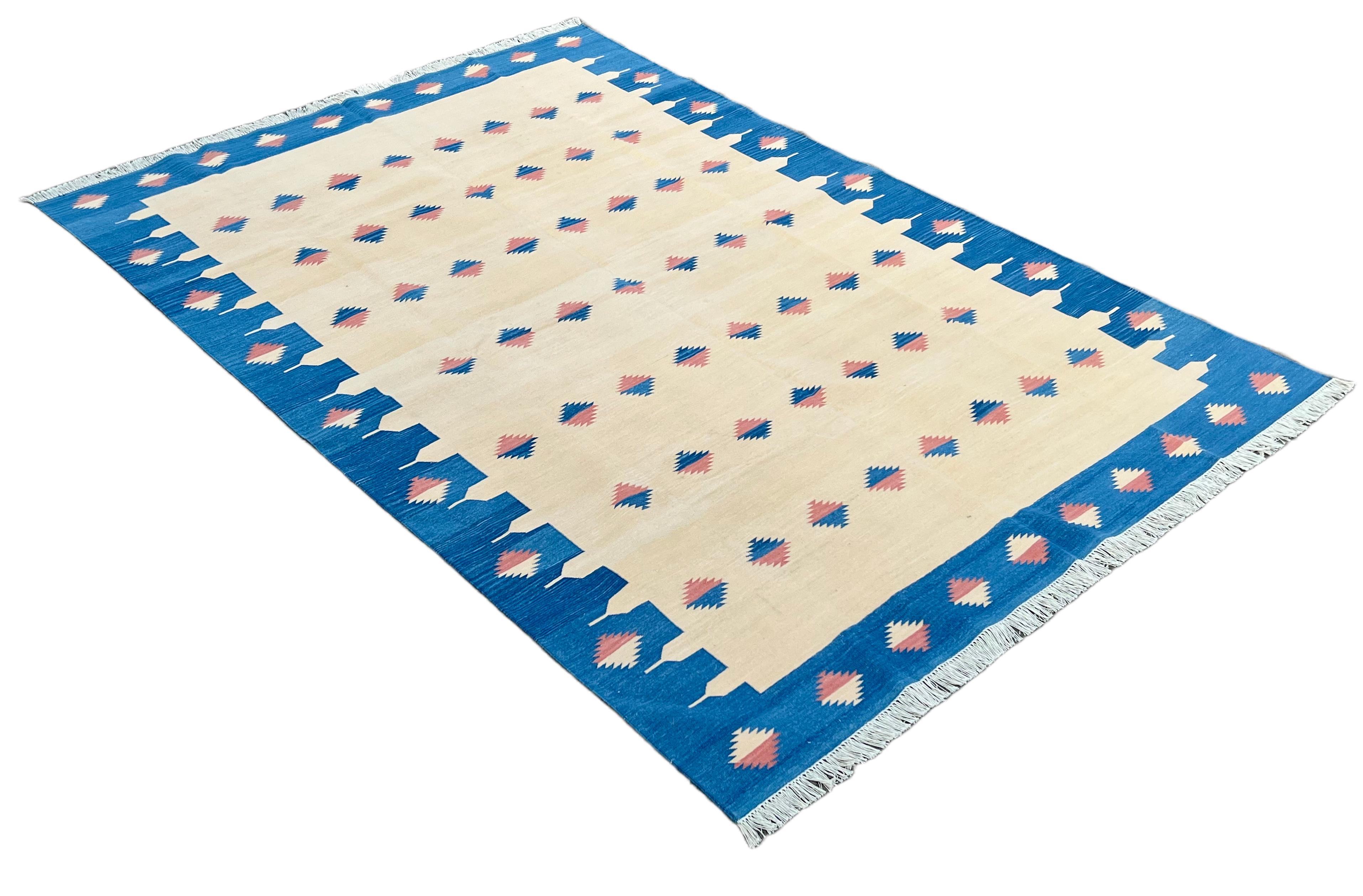 Mid-Century Modern Handmade Cotton Area Flat Weave Rug, 6x9 Cream And Blue Diamond Indian Dhurrie For Sale