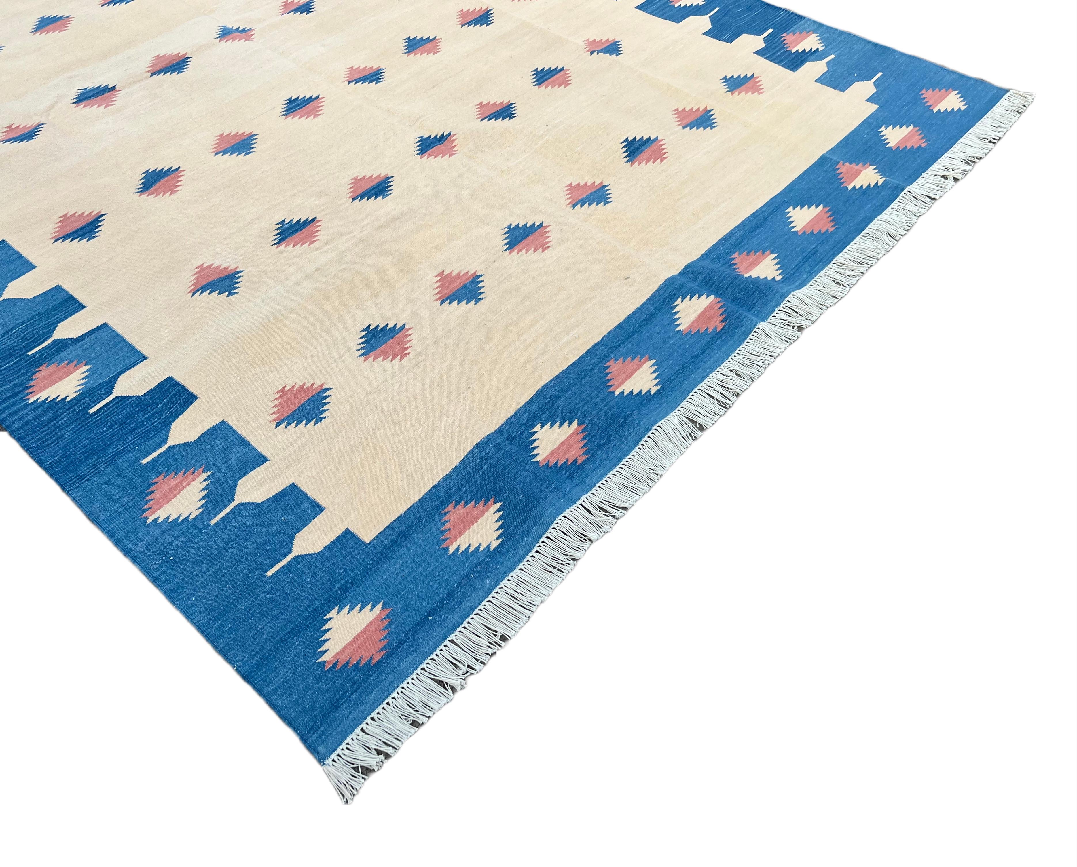 Hand-Woven Handmade Cotton Area Flat Weave Rug, 6x9 Cream And Blue Diamond Indian Dhurrie For Sale