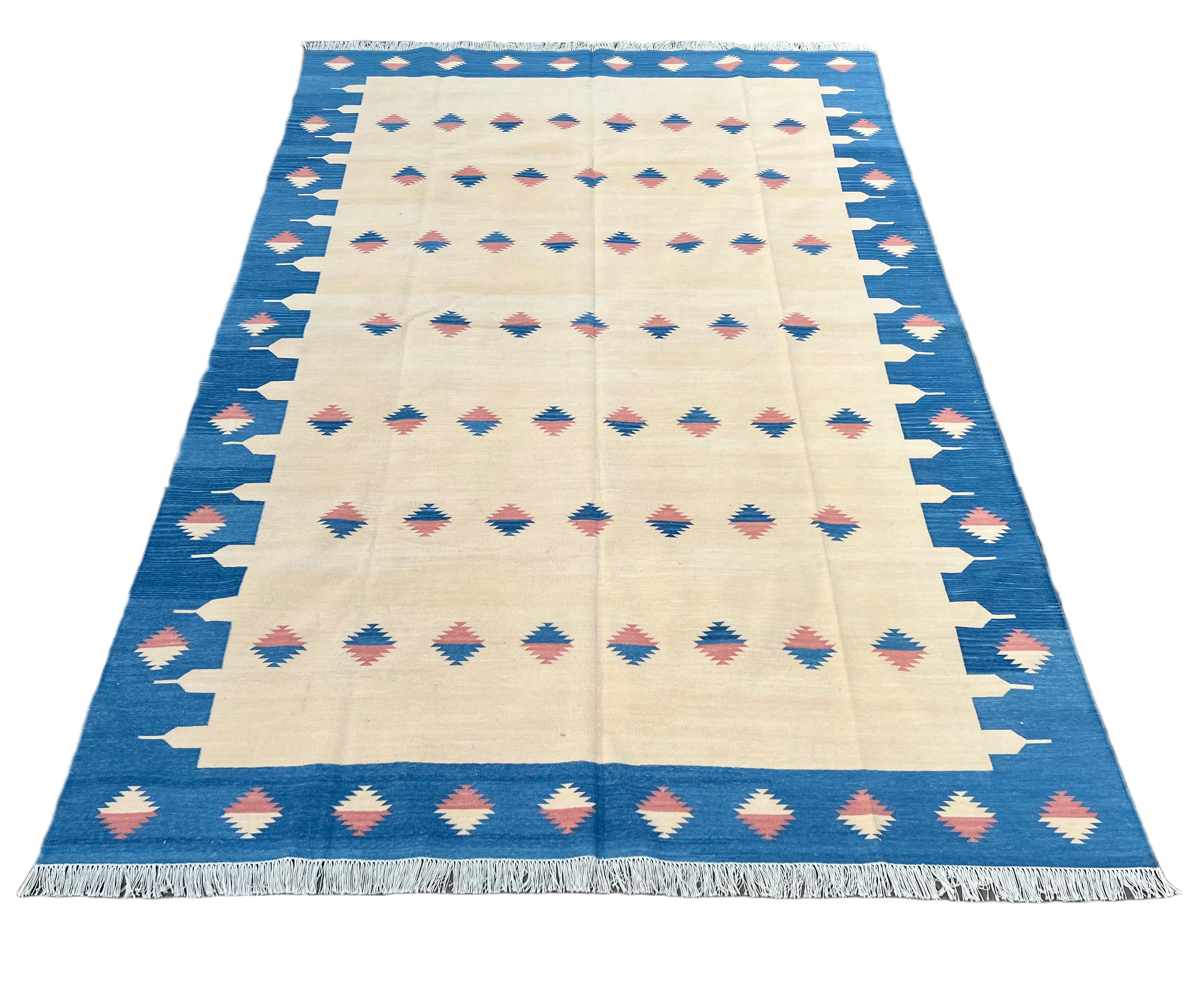 Contemporary Handmade Cotton Area Flat Weave Rug, 6x9 Cream And Blue Diamond Indian Dhurrie For Sale