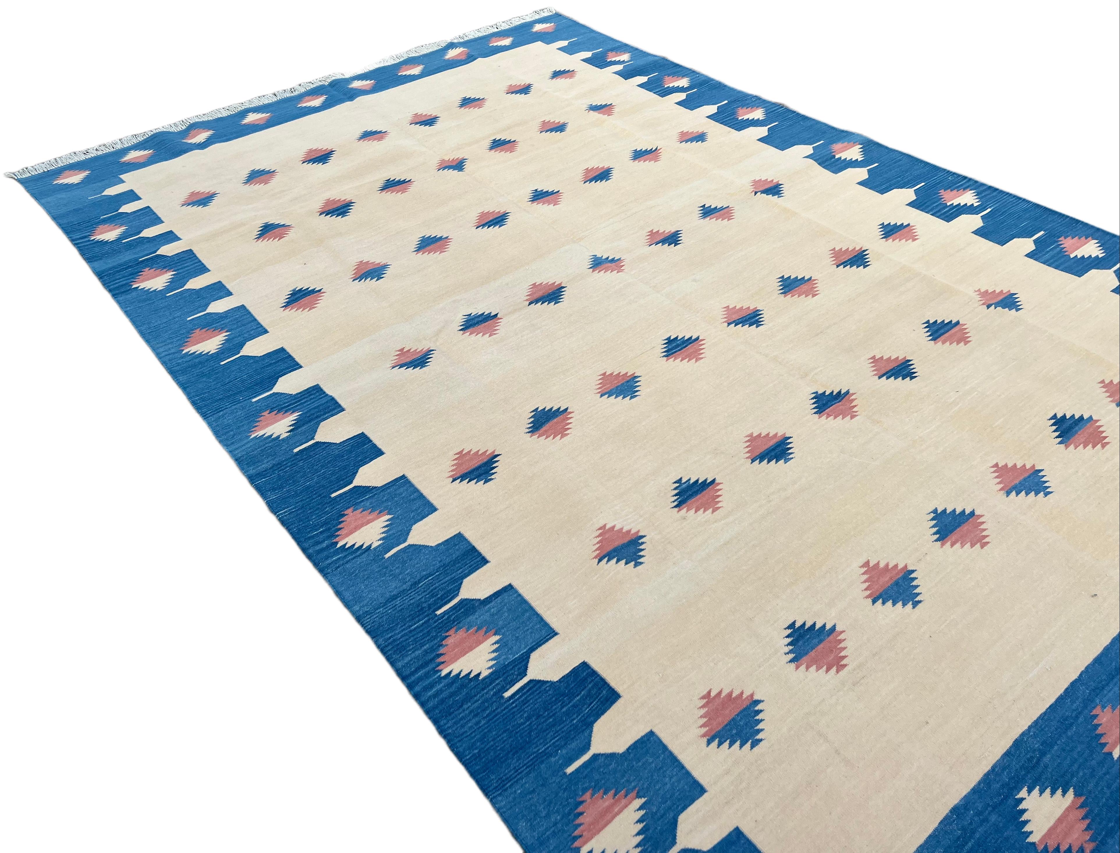 Handmade Cotton Area Flat Weave Rug, 6x9 Cream And Blue Diamond Indian Dhurrie For Sale 1