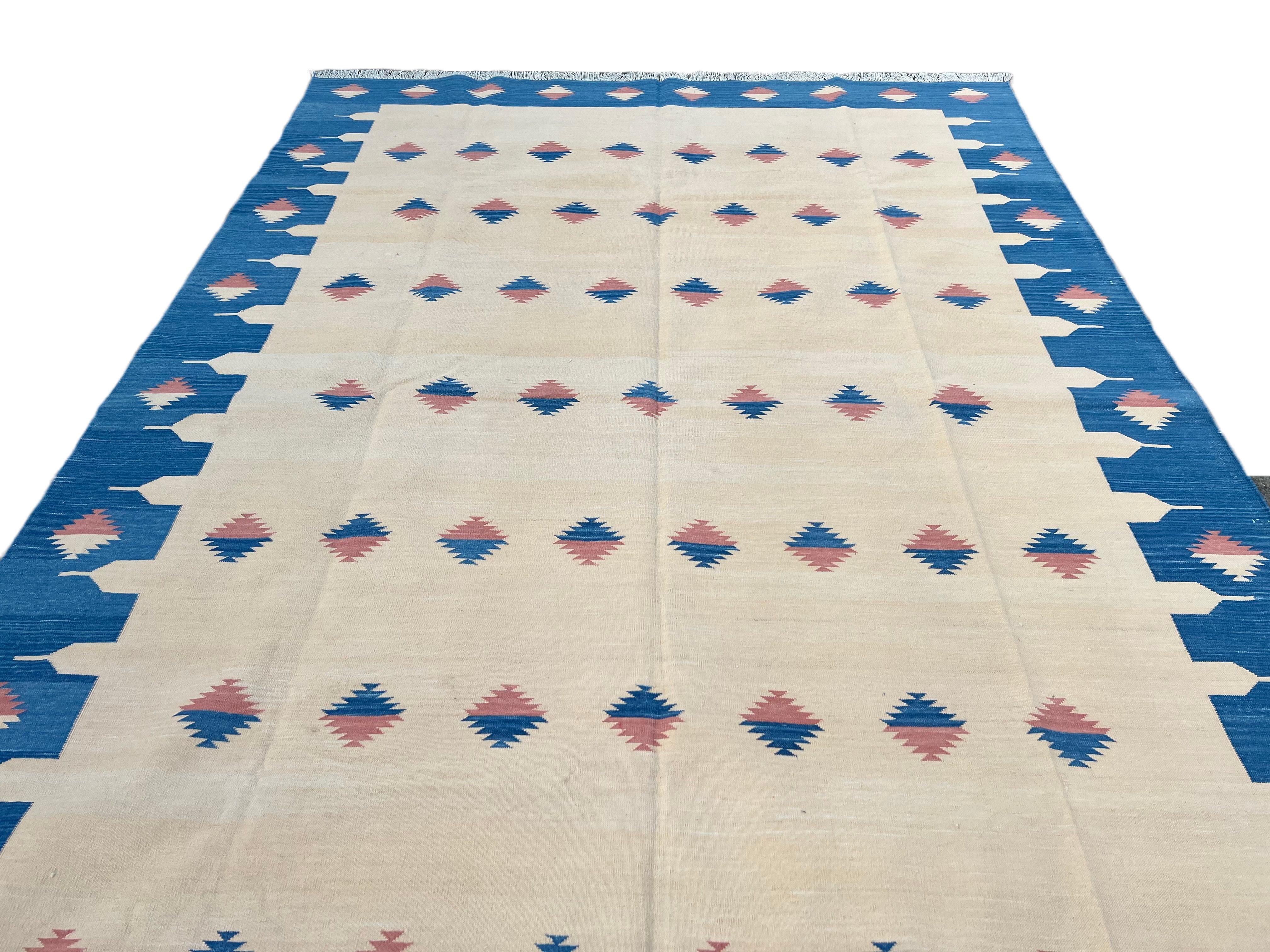 Handmade Cotton Area Flat Weave Rug, 6x9 Cream And Blue Diamond Indian Dhurrie For Sale 2