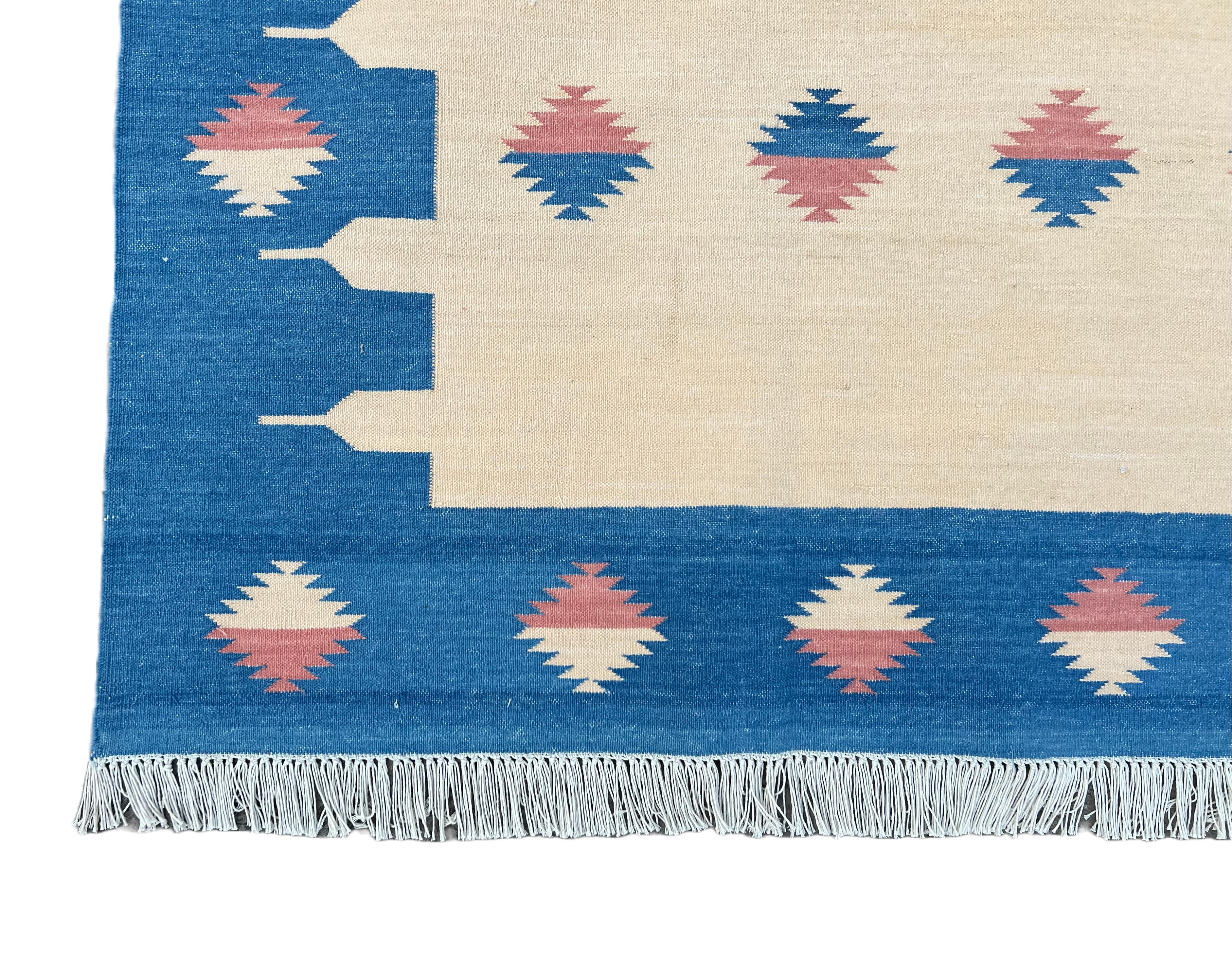 Handmade Cotton Area Flat Weave Rug, 6x9 Cream And Blue Diamond Indian Dhurrie For Sale 3