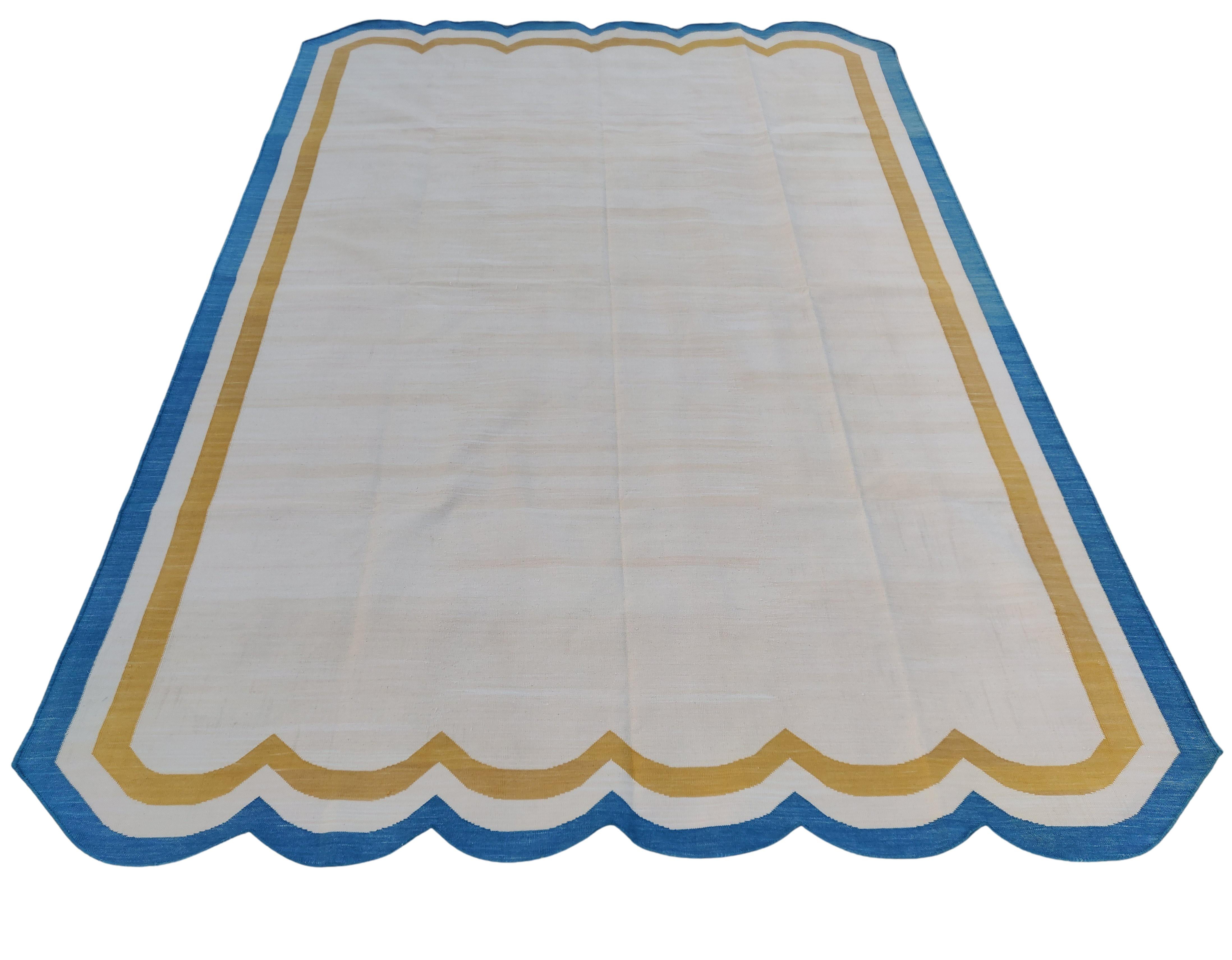 Hand-Woven Handmade Cotton Area Flat Weave Rug, 6x9 Cream And Blue Scalloped Kilim Dhurrie For Sale