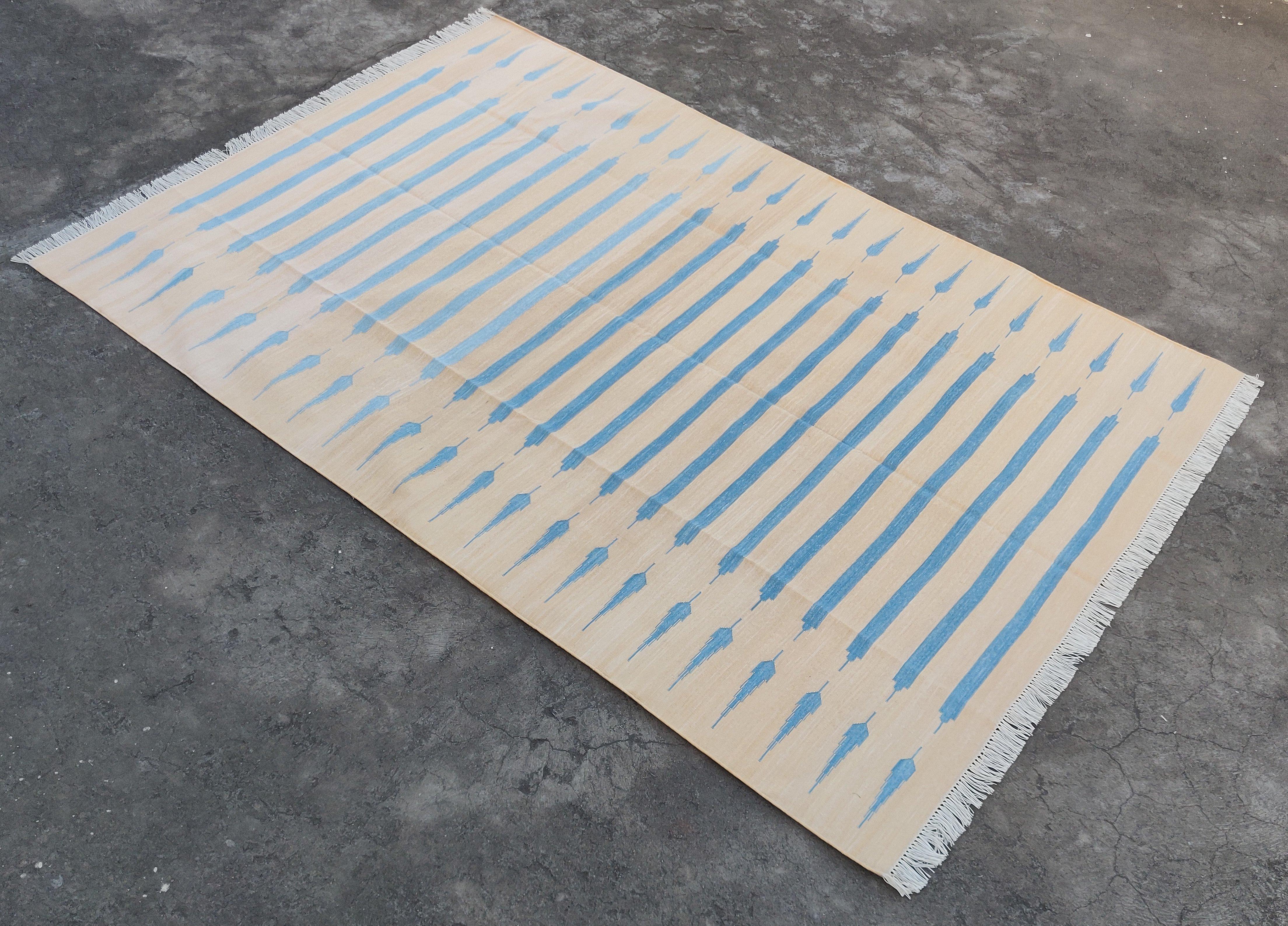 Handmade Cotton Area Flat Weave Rug, 6x9 Cream And Blue Striped Indian Dhurrie For Sale 5