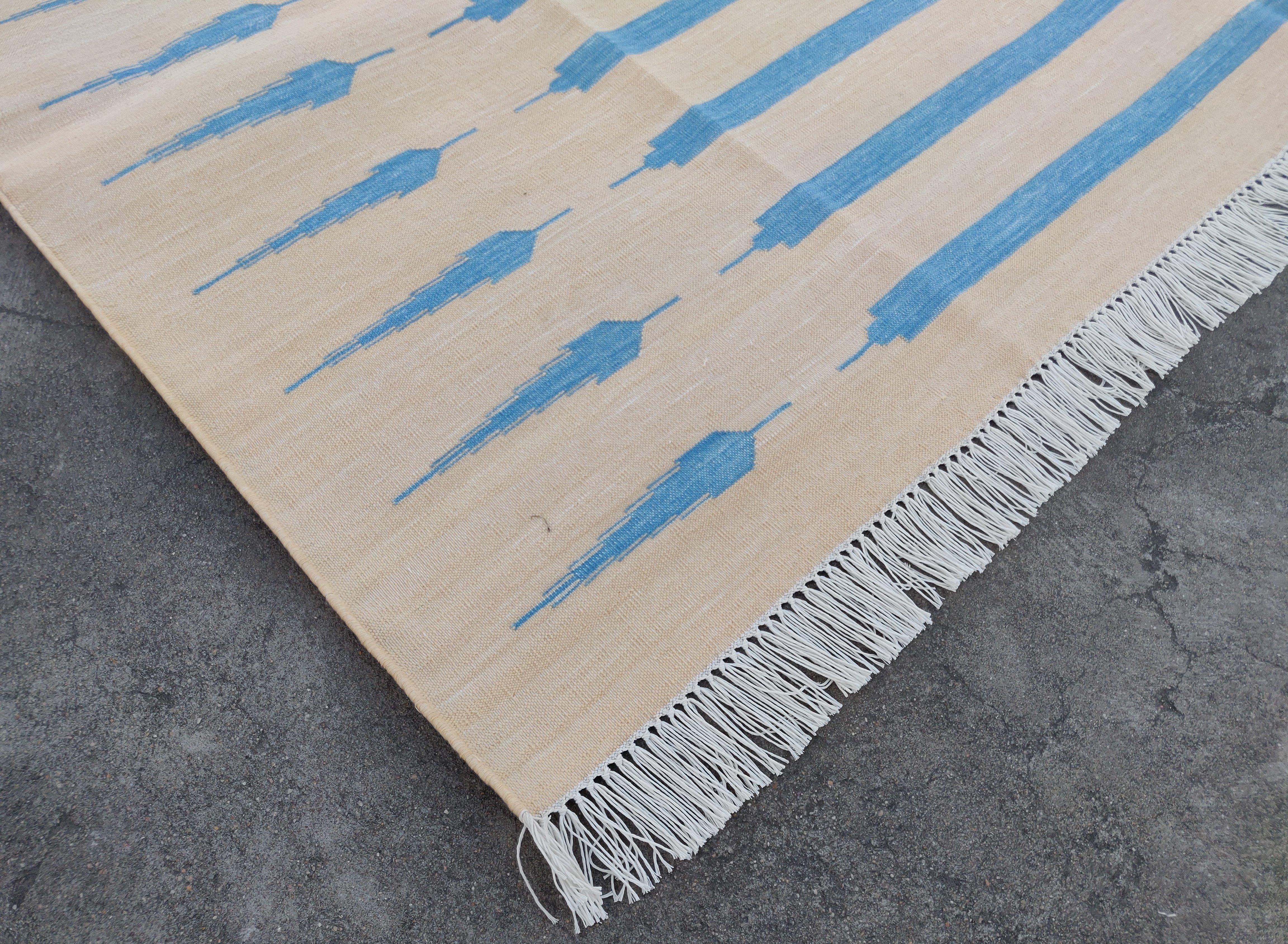 Mid-Century Modern Handmade Cotton Area Flat Weave Rug, 6x9 Cream And Blue Striped Indian Dhurrie For Sale