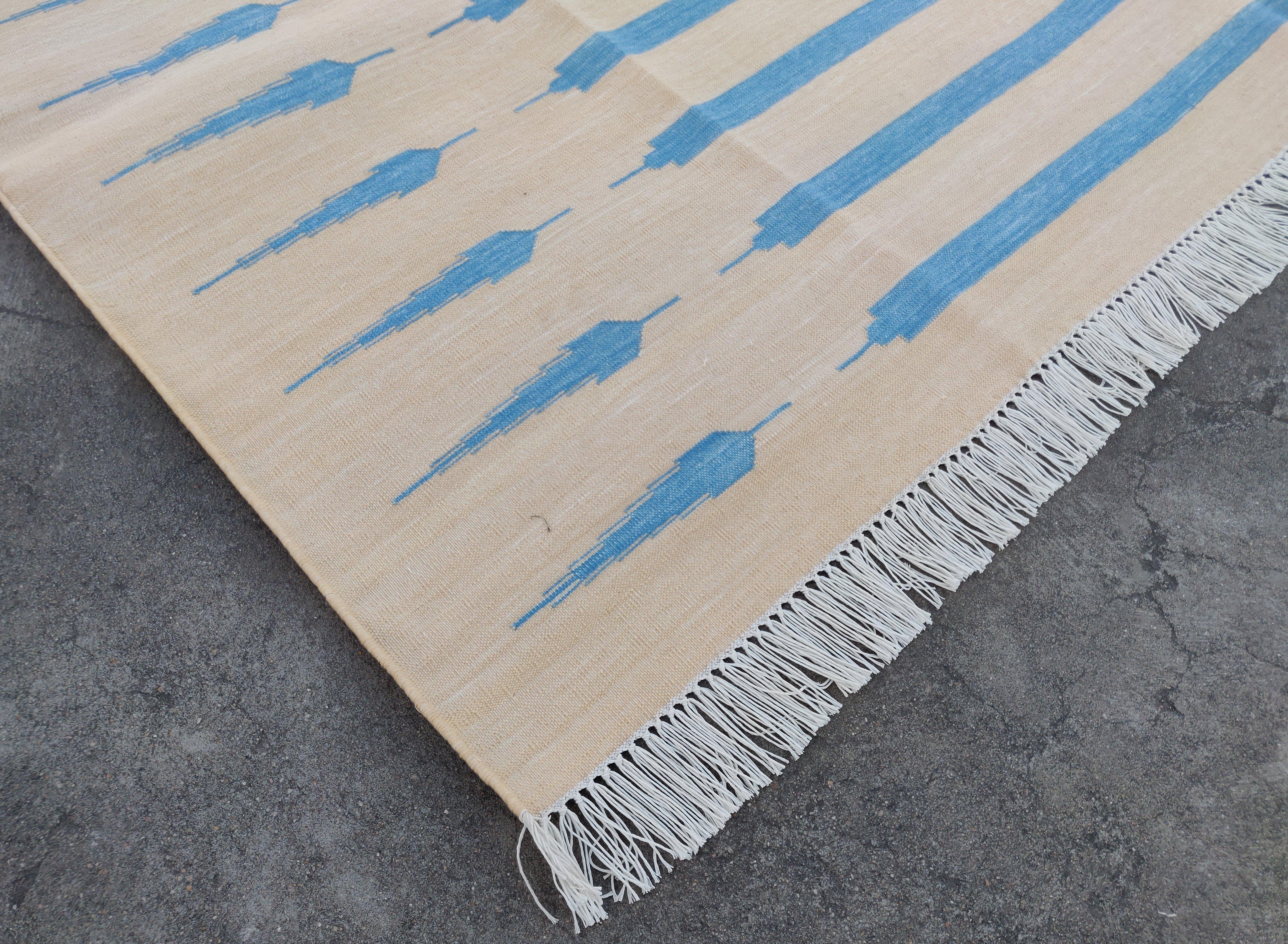 Mid-Century Modern Handmade Cotton Area Flat Weave Rug, 6x9 Cream And Blue Striped Indian Dhurrie