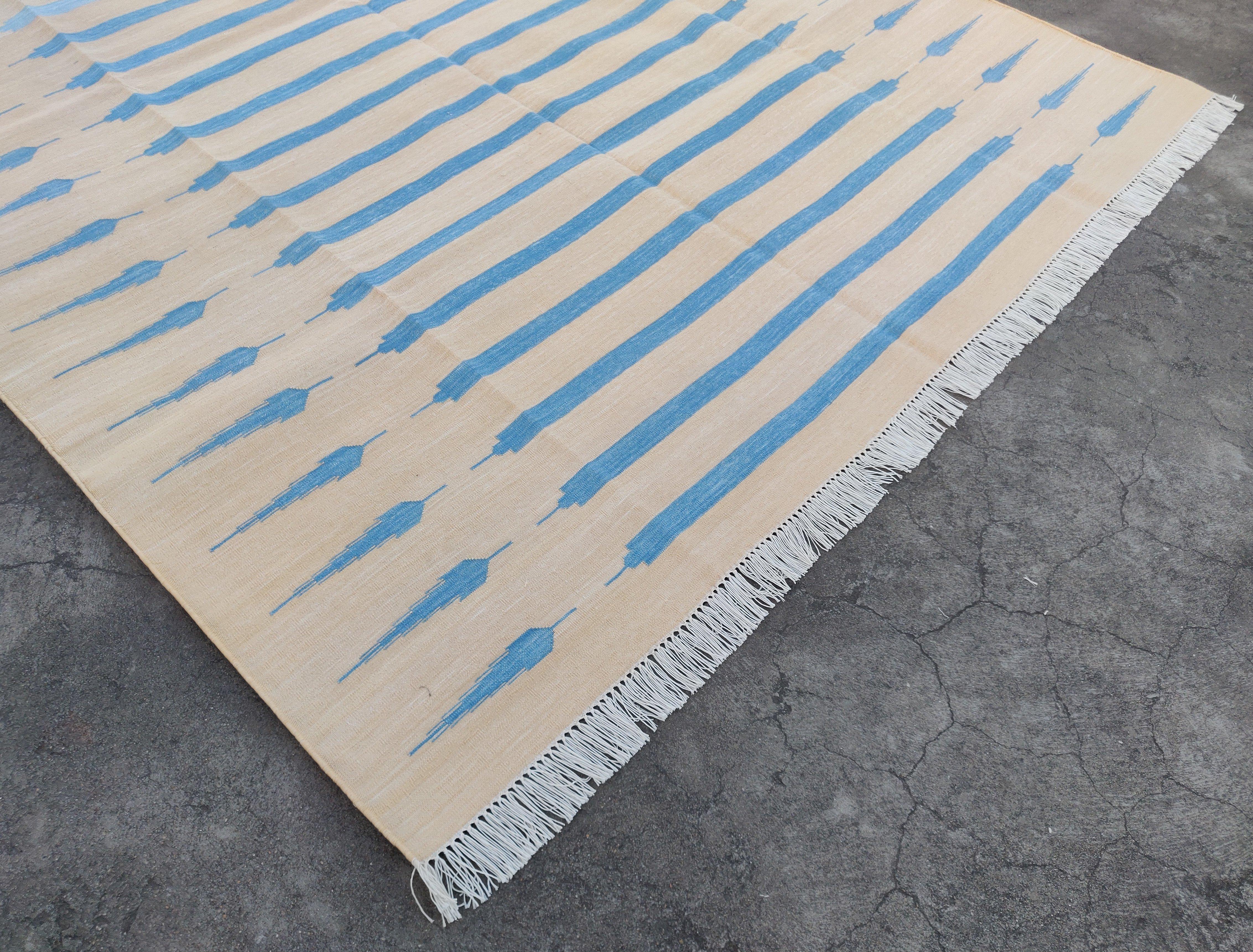 Hand-Woven Handmade Cotton Area Flat Weave Rug, 6x9 Cream And Blue Striped Indian Dhurrie