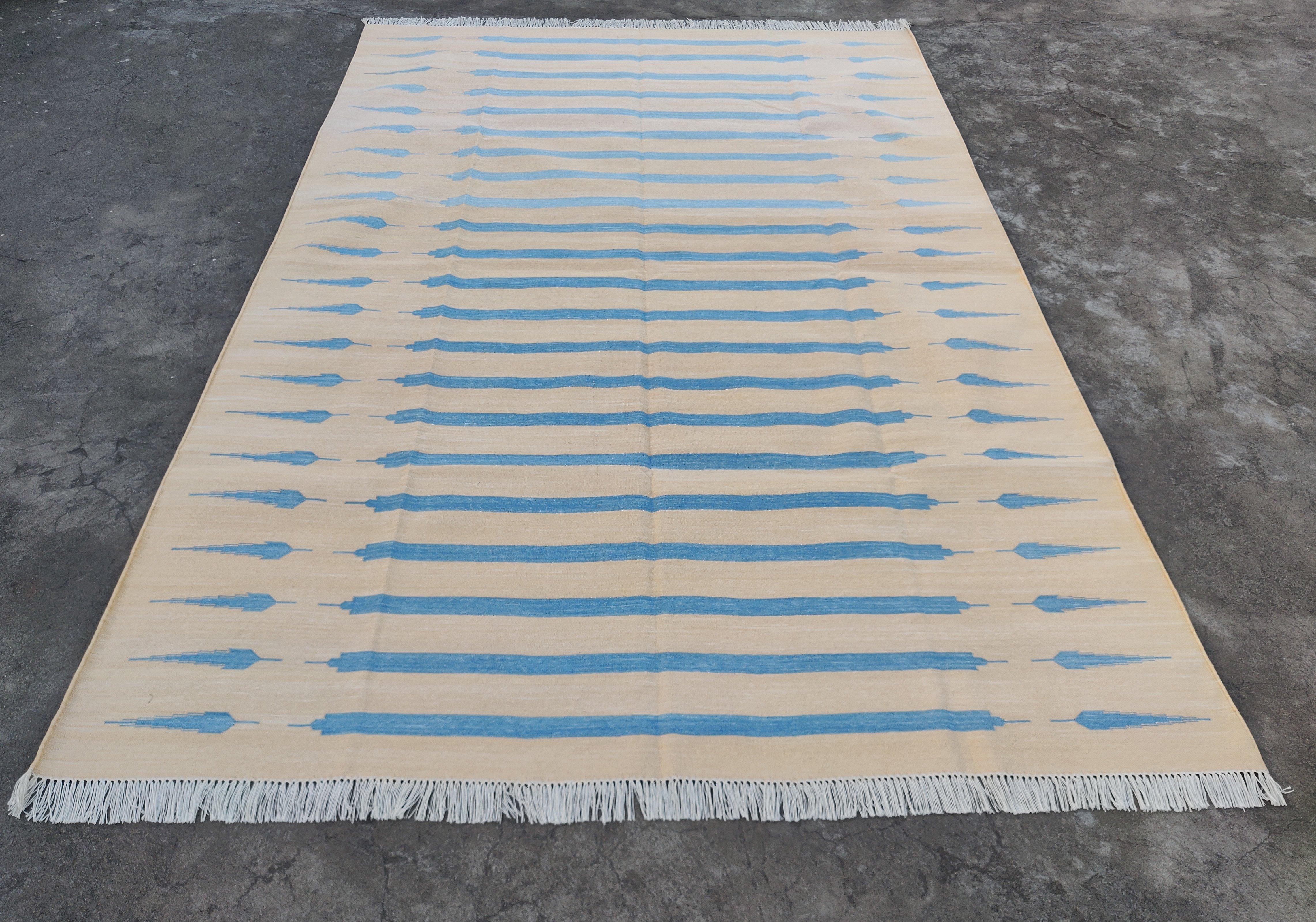 Contemporary Handmade Cotton Area Flat Weave Rug, 6x9 Cream And Blue Striped Indian Dhurrie For Sale