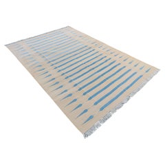 Tapis de sol en coton tissé à plat, 6x9 Crème et bleu rayé Indian Dhurrie