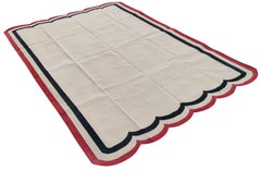 Tapis Kilim Dhurrie à tissage plat fait à la main, 6 x 9, crème et rouge festonné