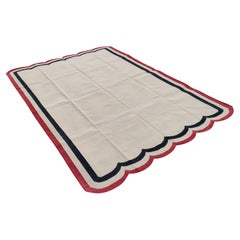 Handmade Cotton Area Flat Weave Rug, 6x9 Cream And Red Scalloped Kilim Dhurrie