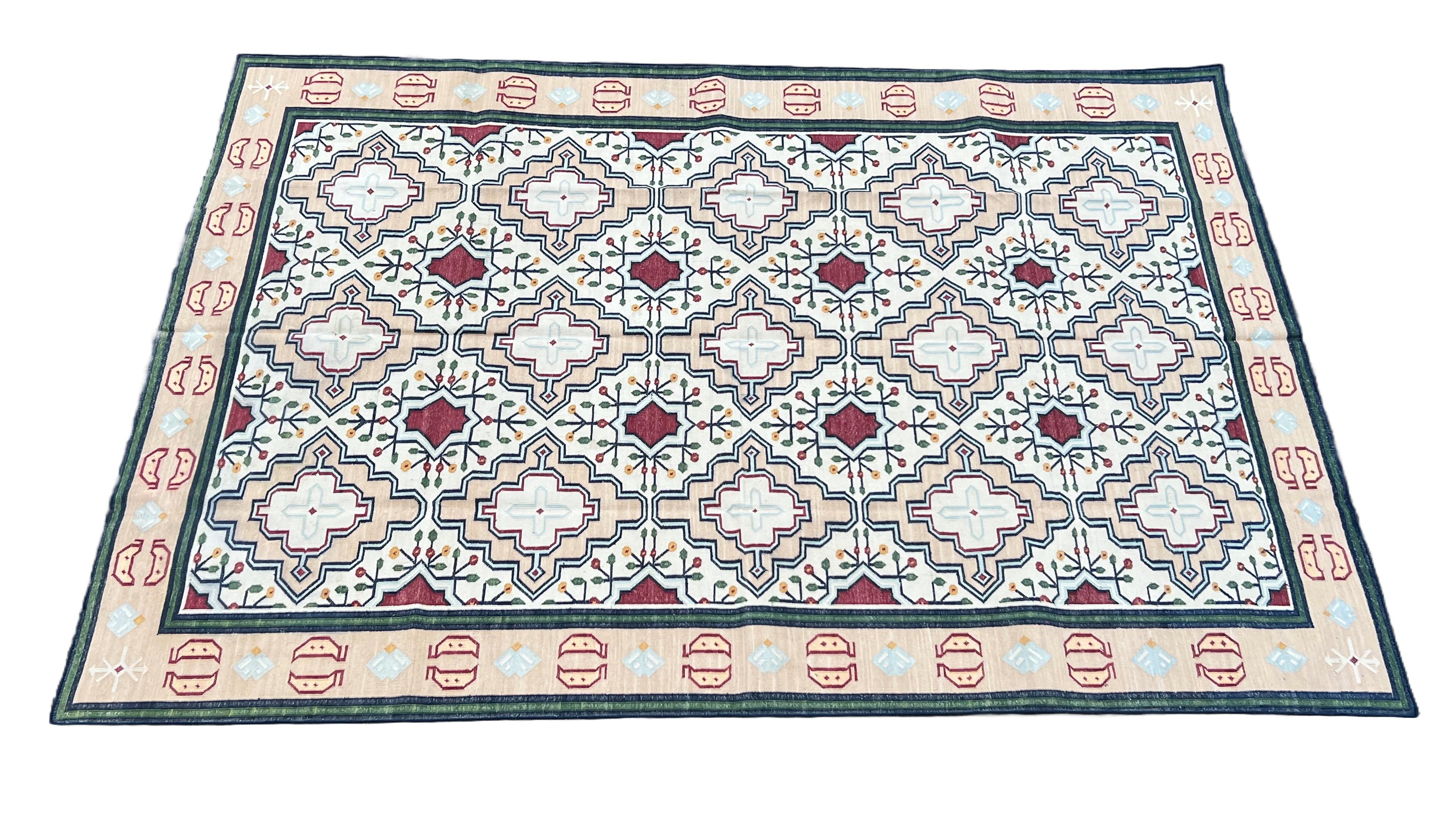 Cotton Vegetable Dyed Cream, Peach, Red And Blue 4 sided Scalloped Striped Indian Rug-6'x9' (180x270cm)

These special flat-weave dhurries are hand-woven with 15 ply 100% cotton yarn. Due to the special manufacturing techniques used to create our