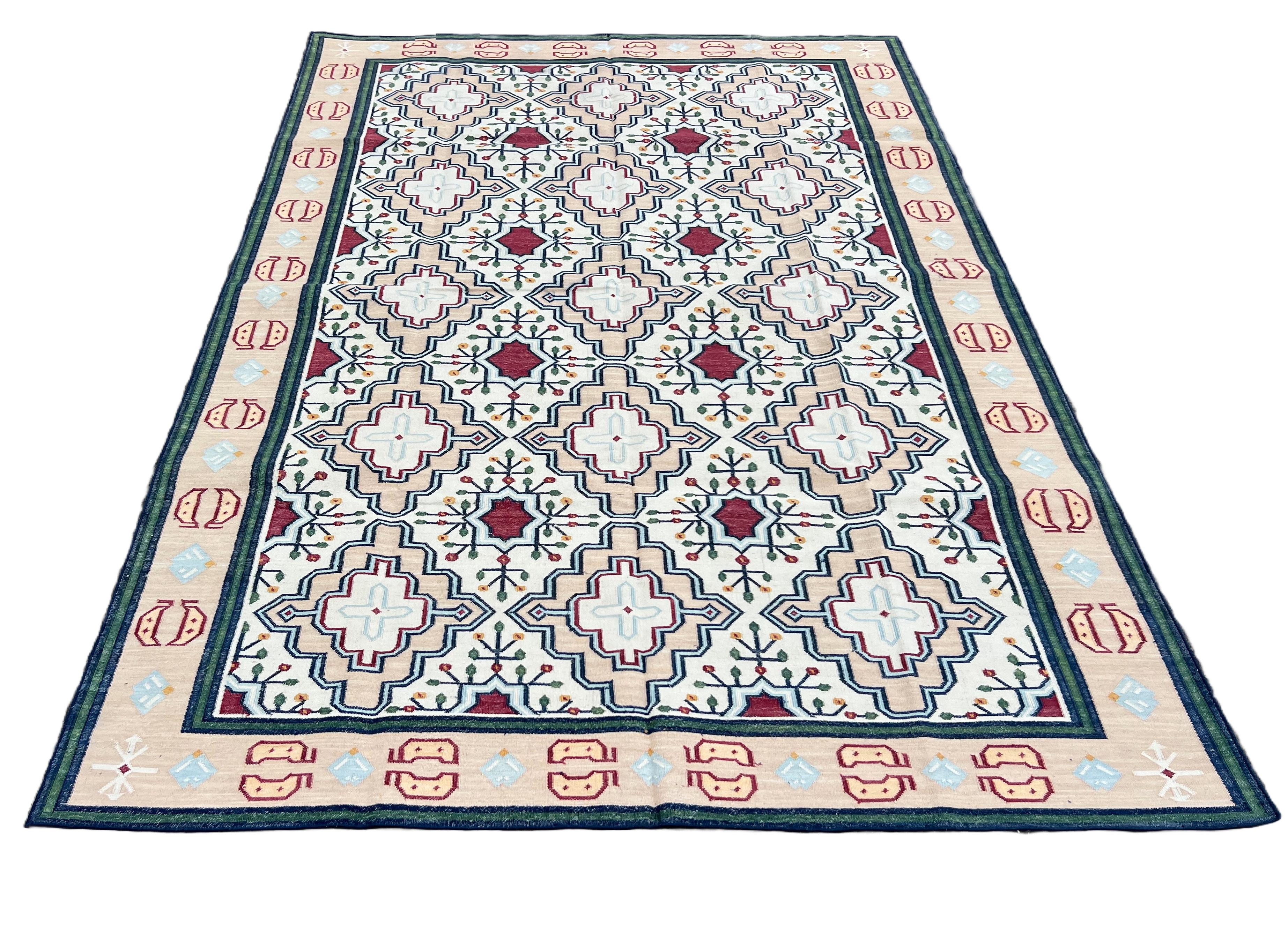 Contemporary Handmade Cotton Area Flat Weave Rug, 6x9 Cream, Peach Geometric Indian Dhurrie For Sale