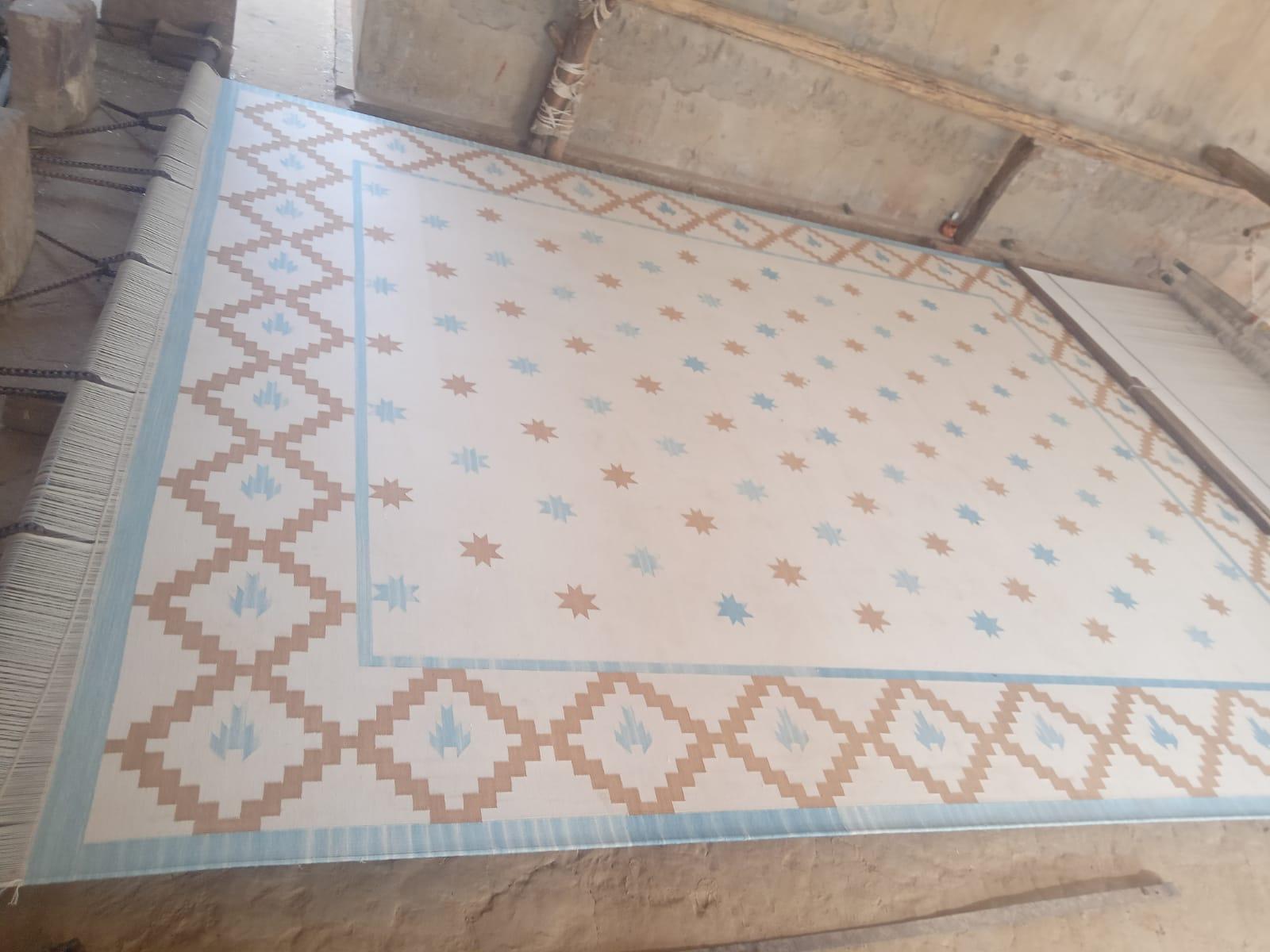 Handmade Cotton Area Flat Weave Rug, 6x9 Cream, Tan, Blue Indian Star Indian Rug For Sale 5