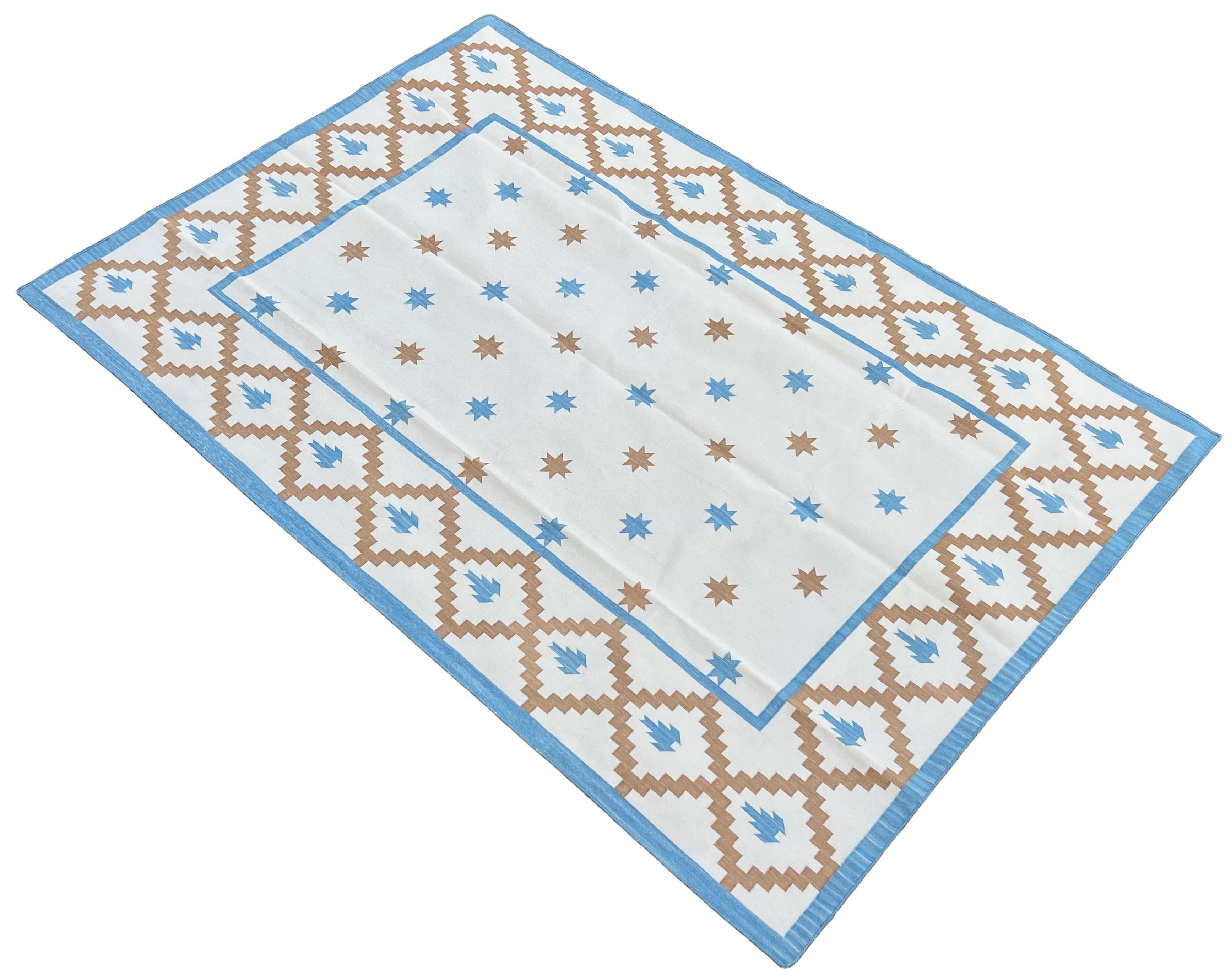 Cotton Natural Vegetable Dyed Cream, Sky Blue And Tan Geometric Star Patterned Indian Reversible Dhurrie - 6'x9'
These special flat-weave dhurries are hand-woven with 15 ply 100% cotton yarn. Due to the special manufacturing techniques used to