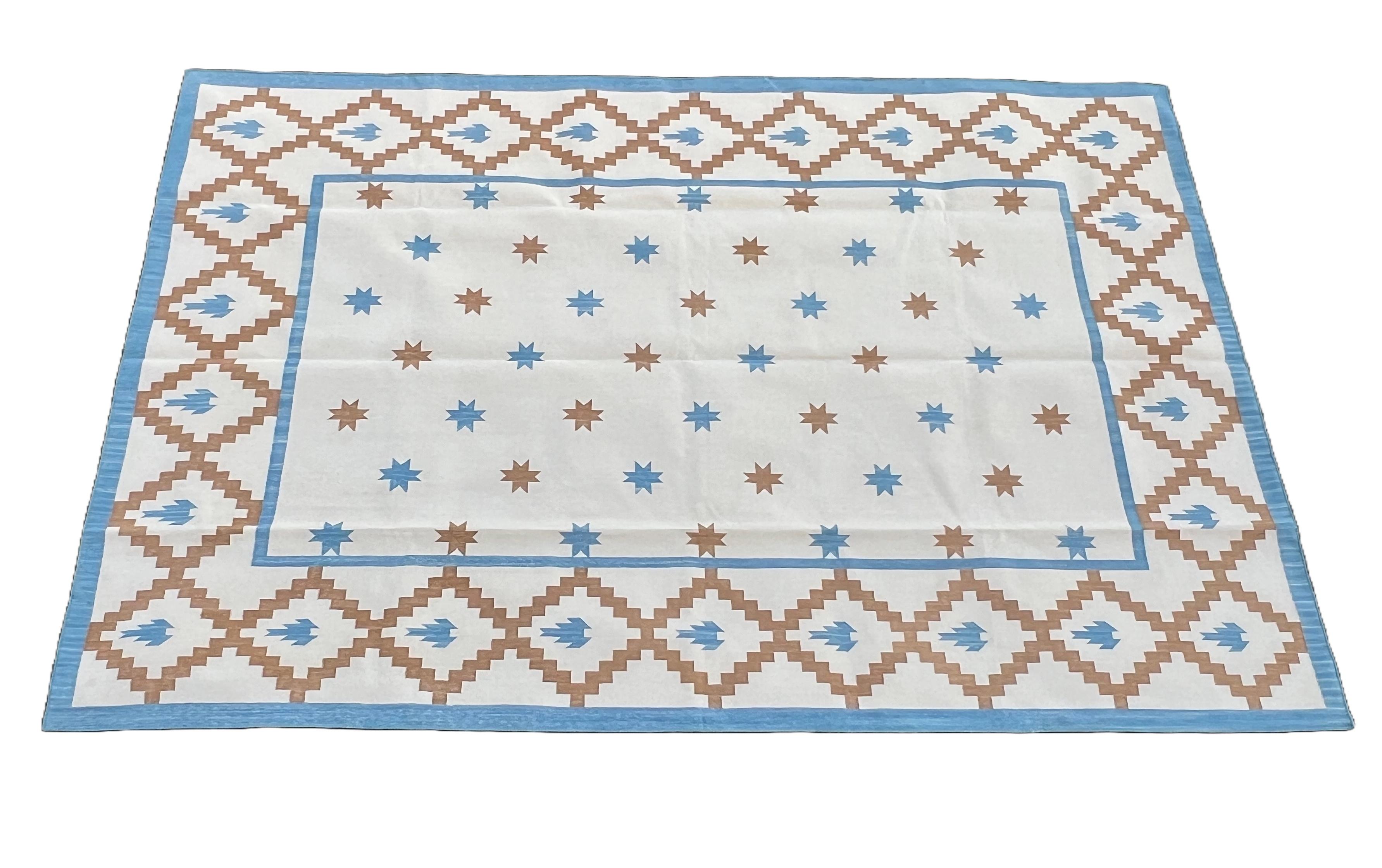 Mid-Century Modern Handmade Cotton Area Flat Weave Rug, 6x9 Cream, Tan, Blue Indian Star Indian Rug For Sale