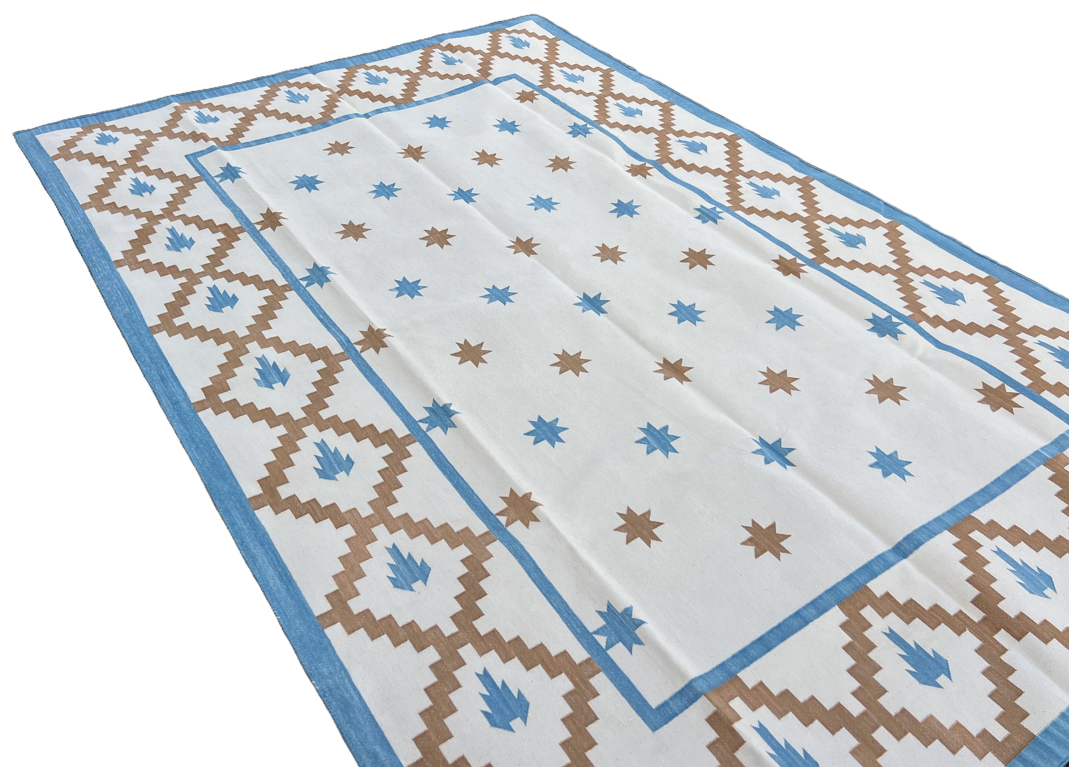 Contemporary Handmade Cotton Area Flat Weave Rug, 6x9 Cream, Tan, Blue Indian Star Indian Rug For Sale