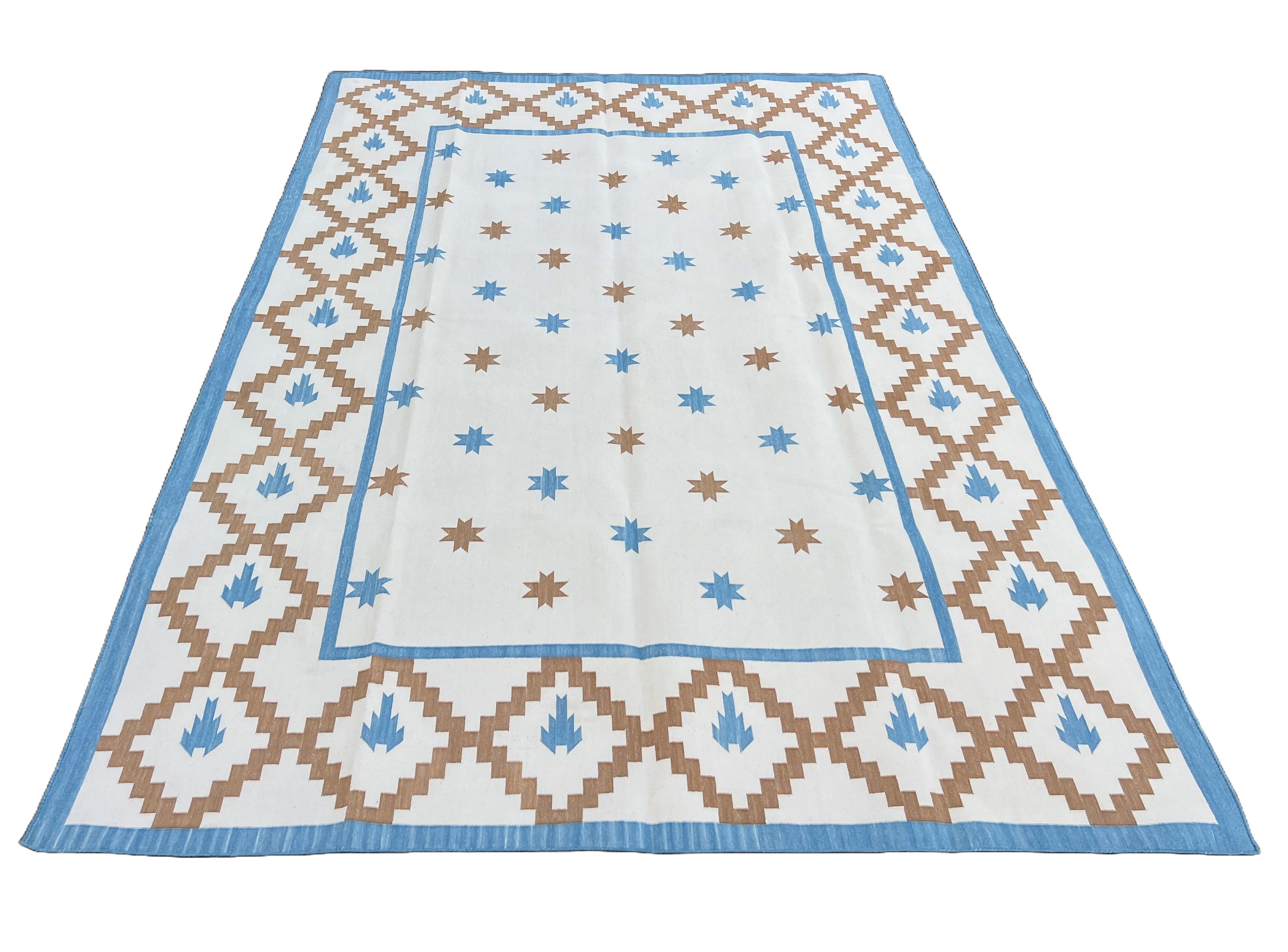 Handmade Cotton Area Flat Weave Rug, 6x9 Cream, Tan, Blue Indian Star Indian Rug For Sale 1