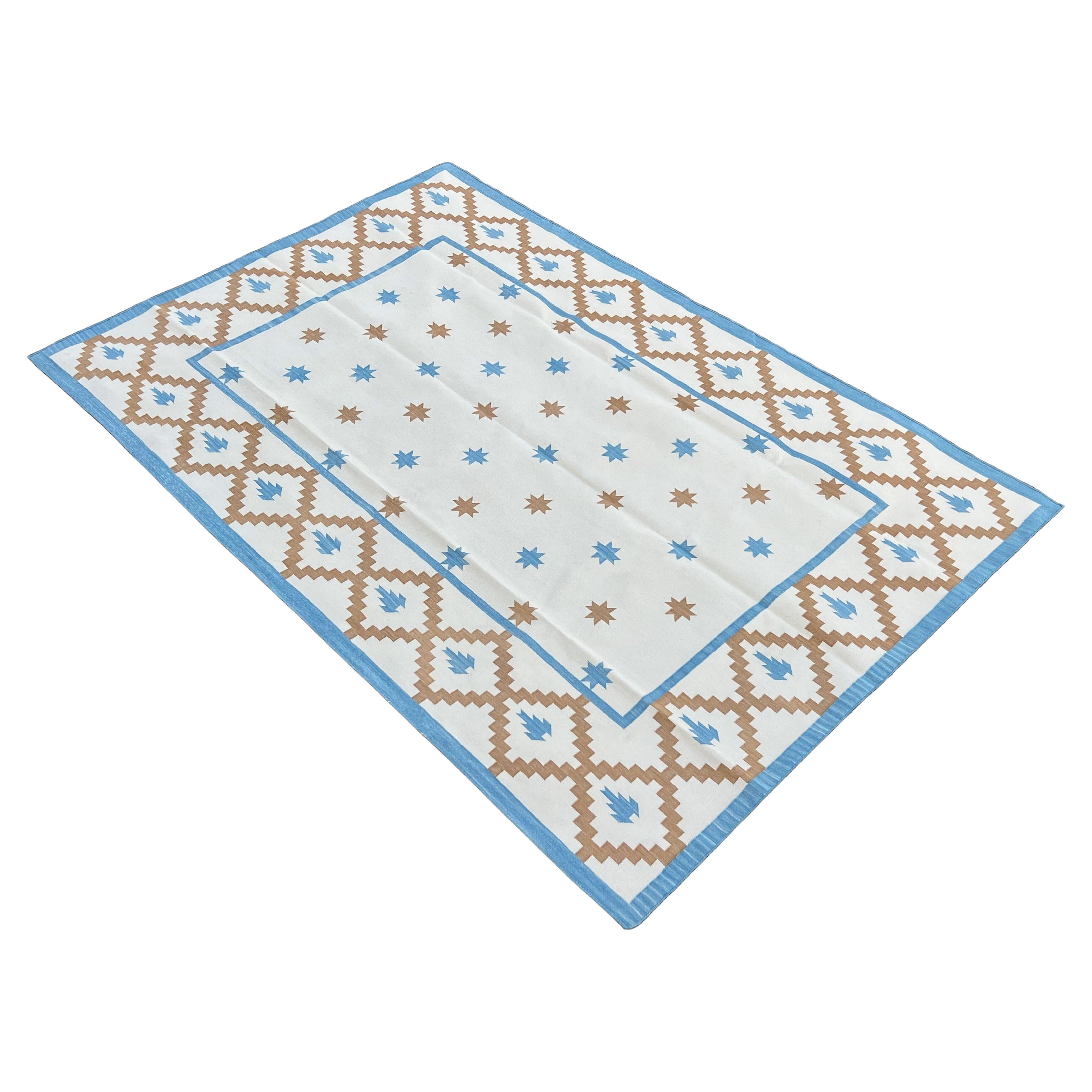 Handmade Cotton Area Flat Weave Rug, 6x9 Cream, Tan, Blue Indian Star Indian Rug For Sale