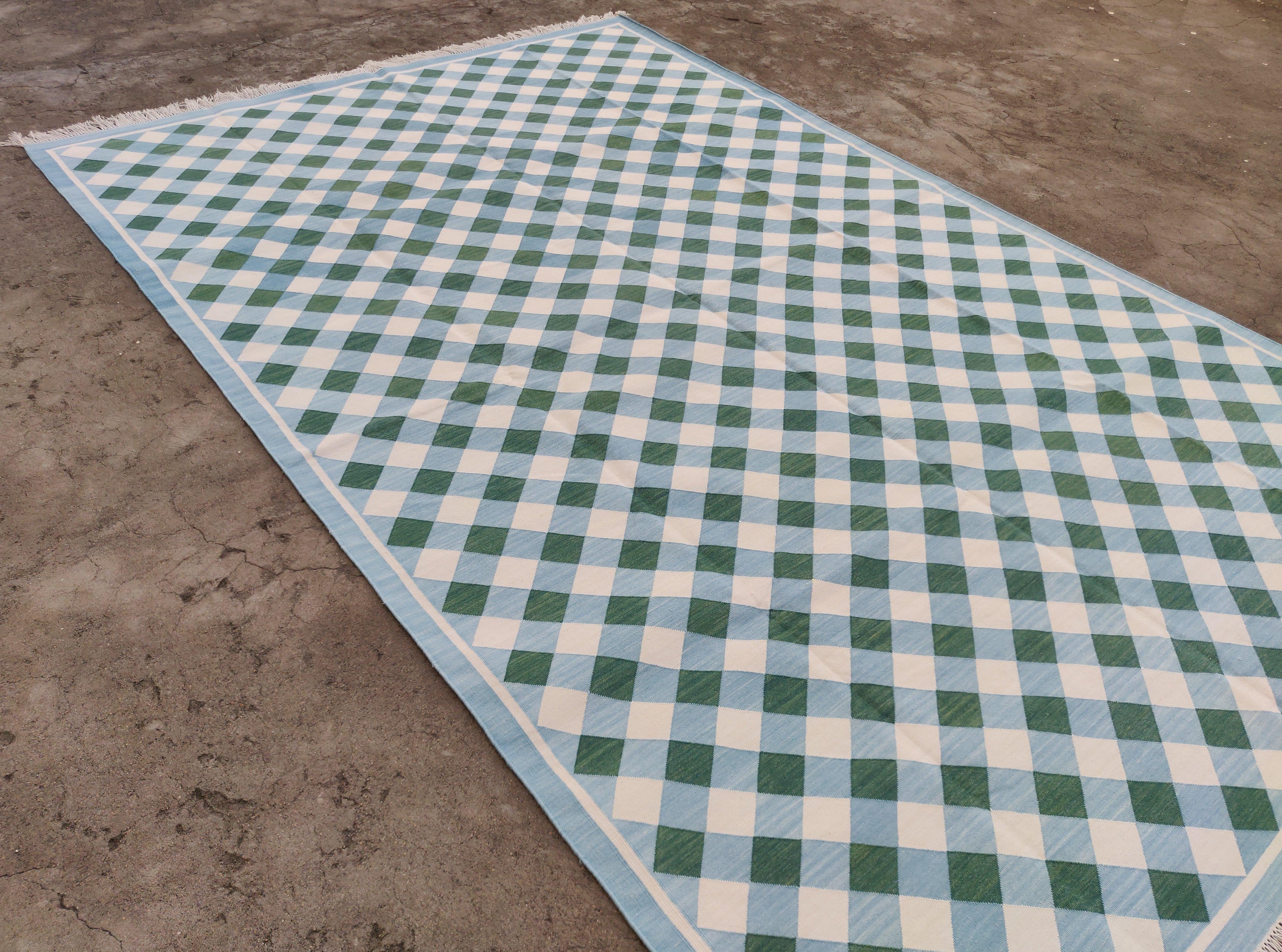 Tappeto a tessitura piatta in cotone fatto a mano, 6x9 Greene & Greene blu a quadretti indiani in vendita 2