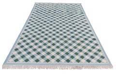 Handmade Cotton Area Flat Weave Rug, 6x9 Green And Blue Checked Indian Dhurrie