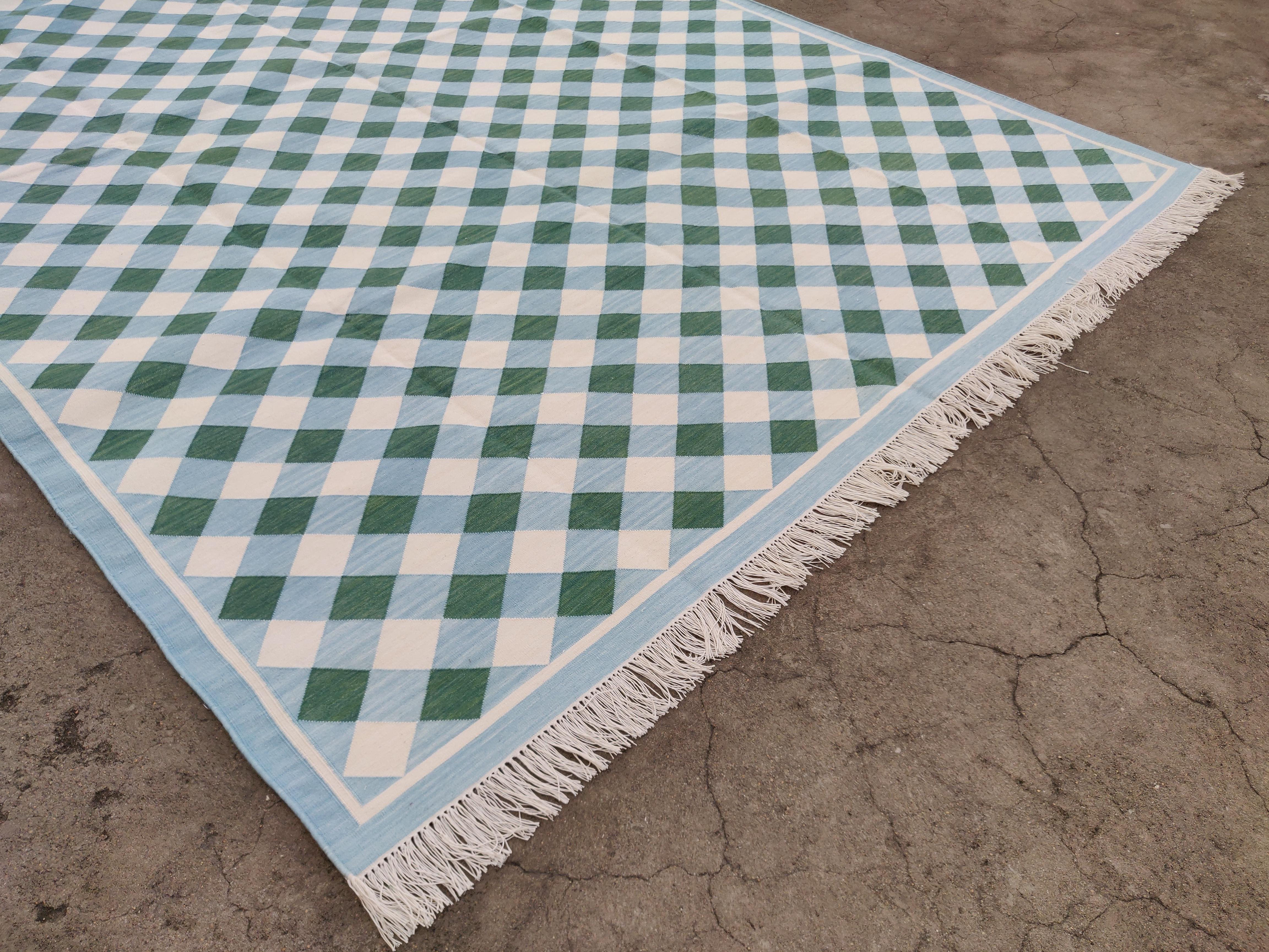 Indiano Tappeto a tessitura piatta in cotone fatto a mano, 6x9 Greene & Greene blu a quadretti indiani in vendita