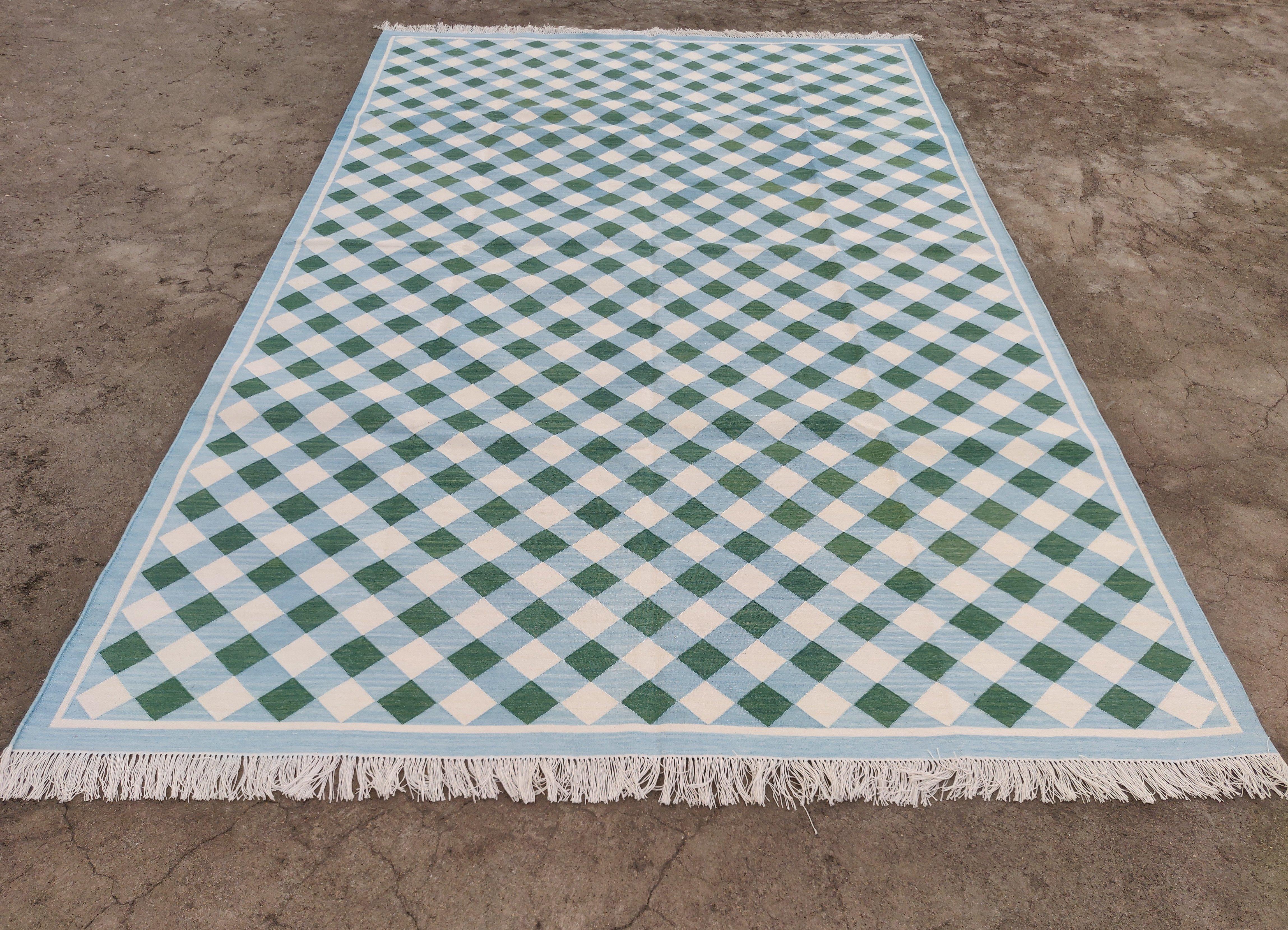 Tessuto a mano Tappeto a tessitura piatta in cotone fatto a mano, 6x9 Greene & Greene blu a quadretti indiani in vendita