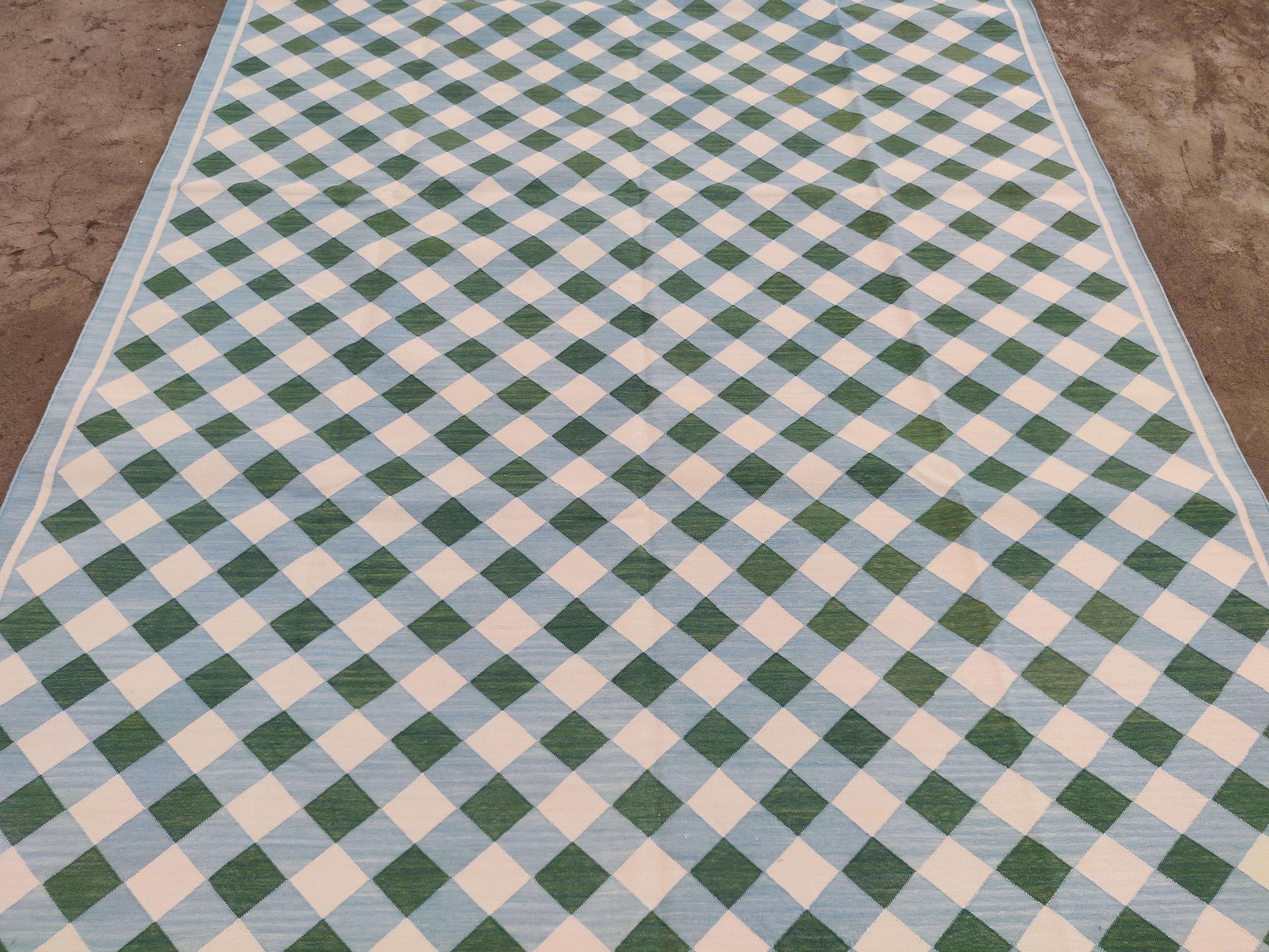 XXI secolo e contemporaneo Tappeto a tessitura piatta in cotone fatto a mano, 6x9 Greene & Greene blu a quadretti indiani in vendita