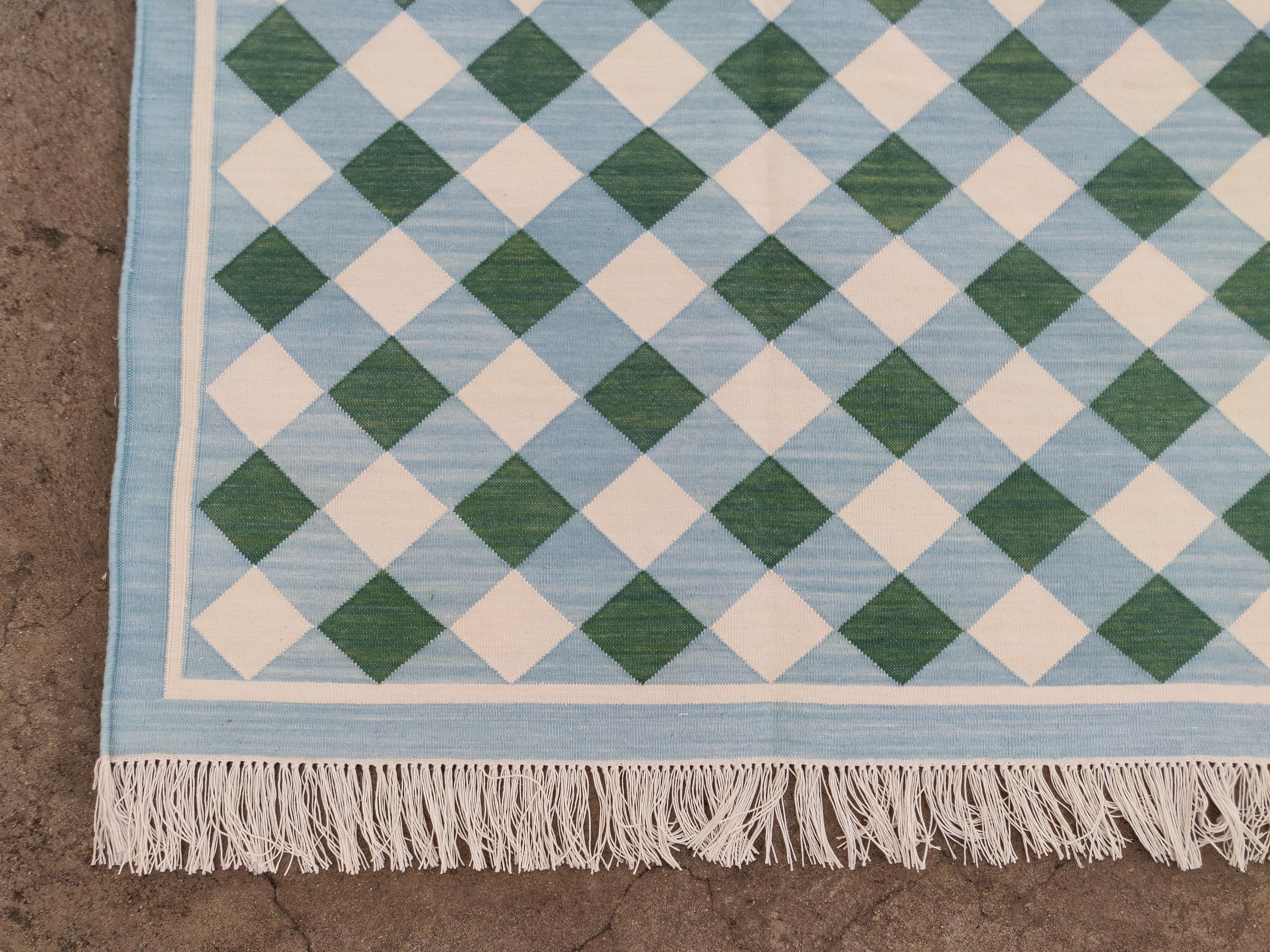 Cotone Tappeto a tessitura piatta in cotone fatto a mano, 6x9 Greene & Greene blu a quadretti indiani in vendita