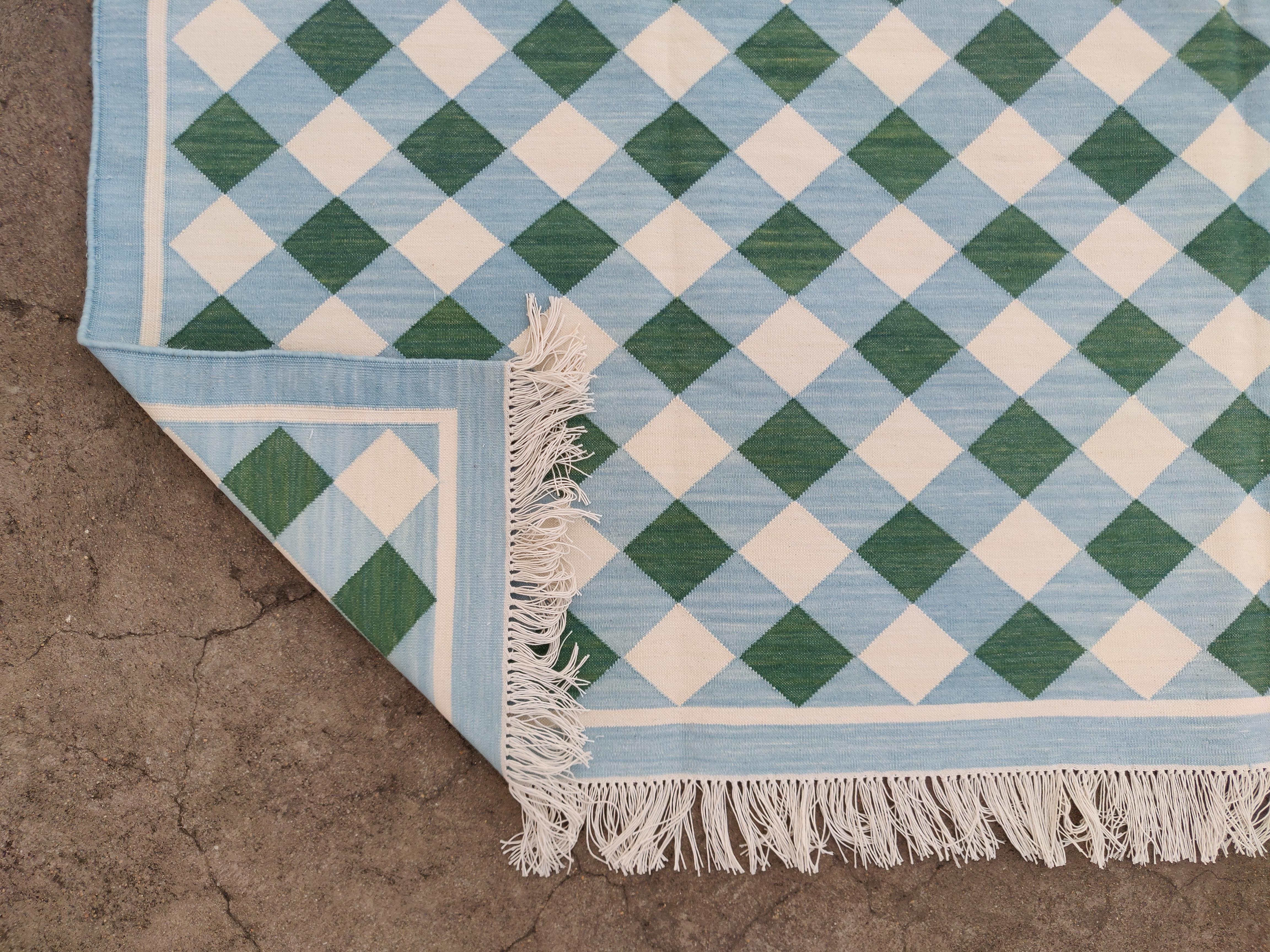 Tappeto a tessitura piatta in cotone fatto a mano, 6x9 Greene & Greene blu a quadretti indiani in vendita 1