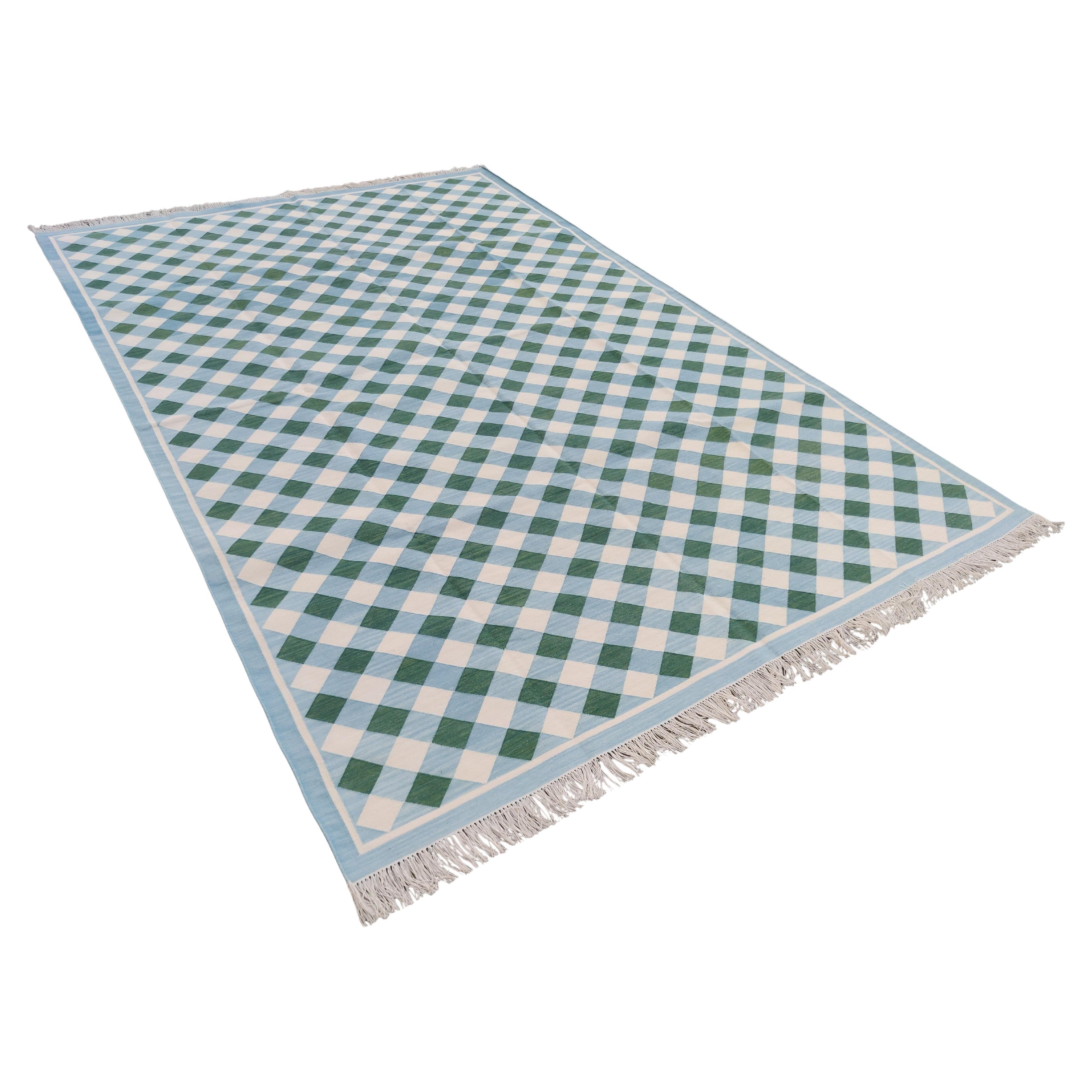 Handmade Cotton Area Flat Weave Rug, 6x9 Green And Blue Checked Indian Dhurrie