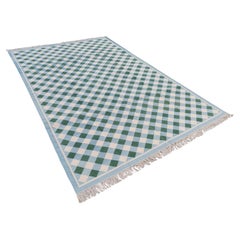 Handmade Cotton Area Flat Weave Rug, 6x9 Green And Blue Checked Indian Dhurrie