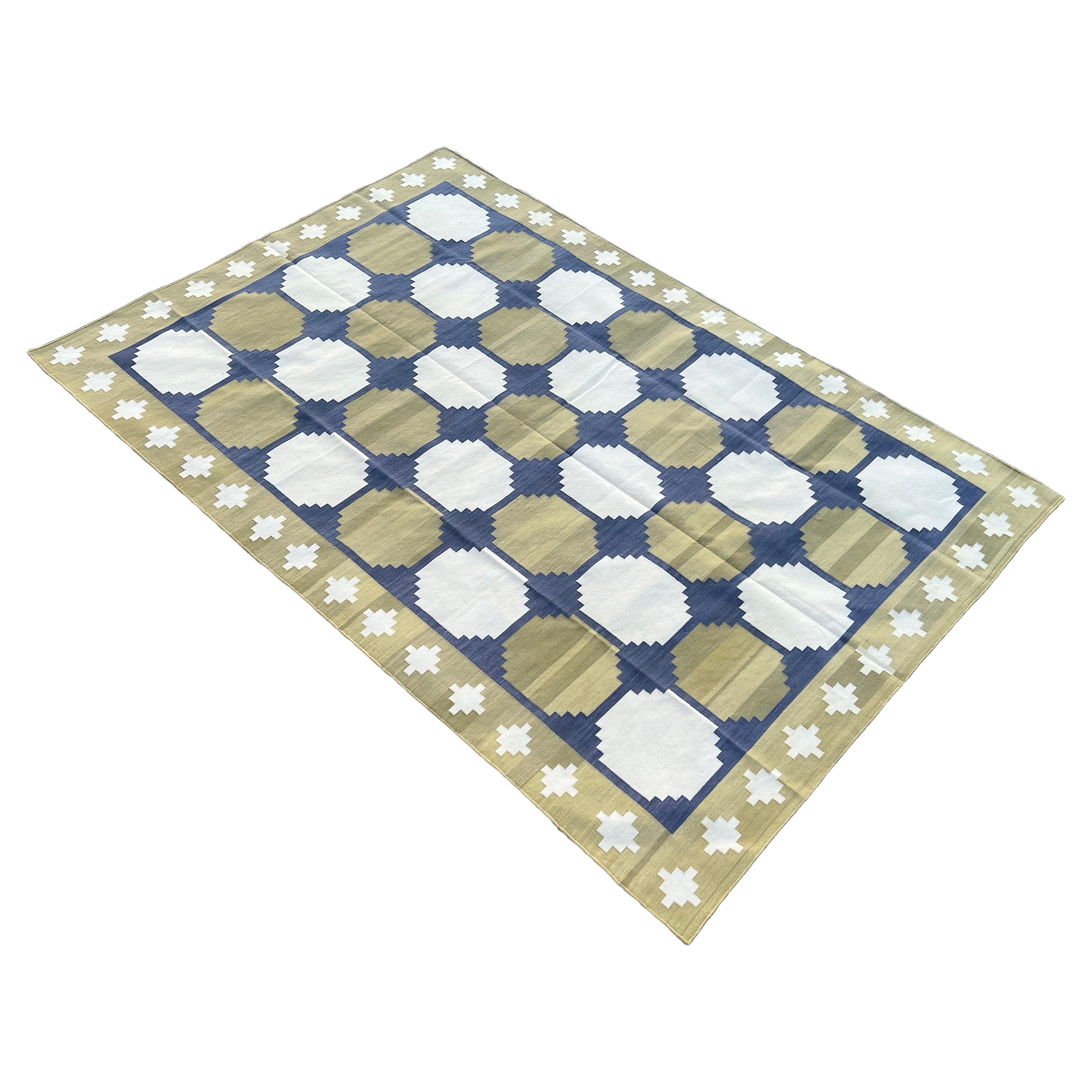 Tapis Dhurrie indien à tissage plat fait à la main, 6 x 9, vert et bleu