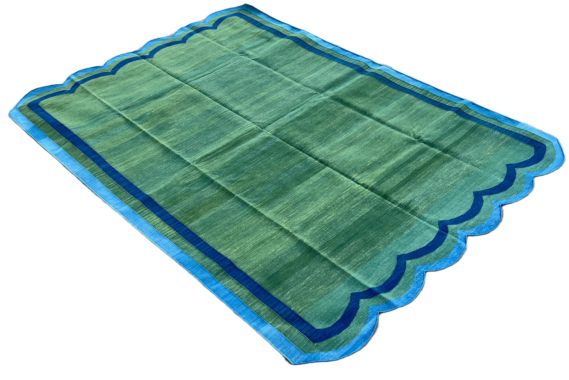 Tappeto a tessitura piatta in cotone fatto a mano, 6x9 Greene & Greene blu a strisce smerlate in vendita 2