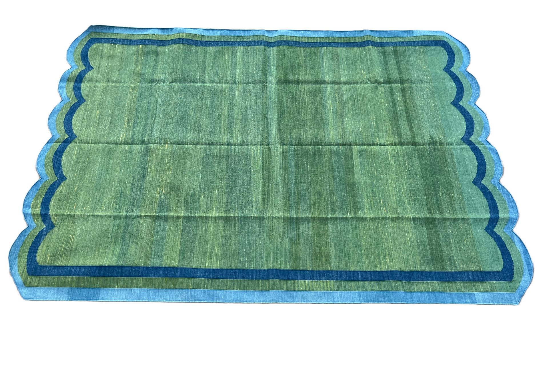 Tappeto a tessitura piatta in cotone fatto a mano, 6x9 Greene & Greene blu a strisce smerlate in vendita 3